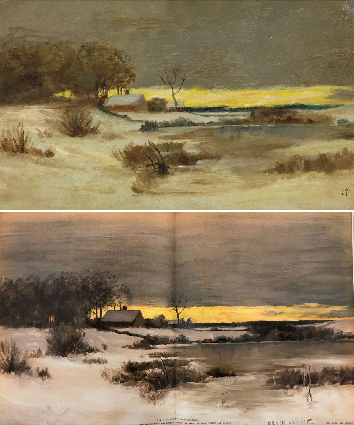 Edward Hopper's Old Ice Pond at Nyack (around 1898-1900, top) is in fact a copy of Winter Sunset by Bruce Crane (bottom), which was published in the December 1890 issue of Art Interchange magazine Hopper: Copyright 2026, Heirs of Josephine N. Hopper/Licensed by DACS, London; Image courtesy of Heather James Fine Arts. Crane: Photo by Louis Shadwick