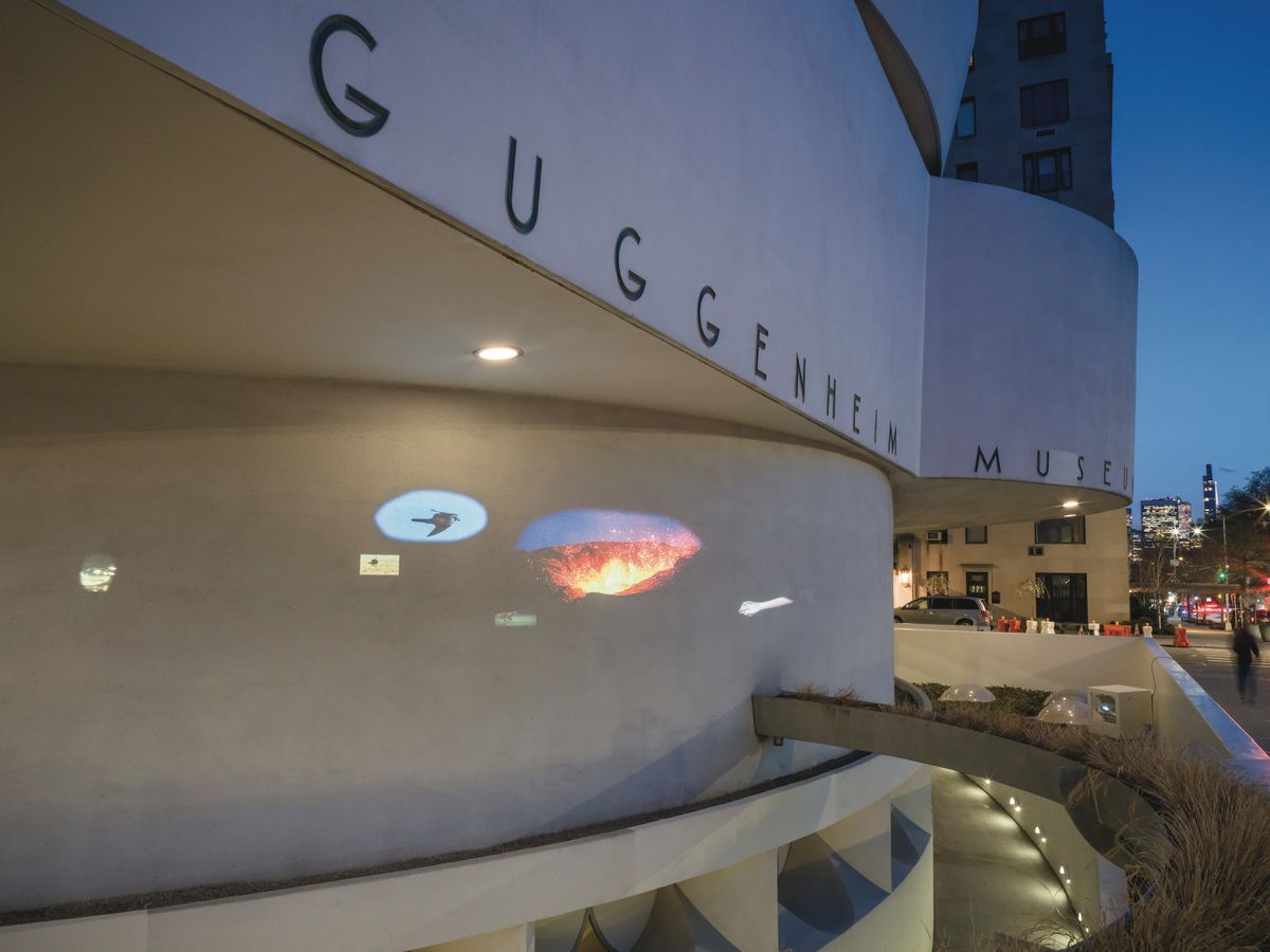 Exterior view of the Solomon R. Guggenheim Museum in New York featuring work from the current exhibition Sarah Sze: Timelapse (until 5 September) Photo: David Heald. © Solomon R. Guggenheim Foundation, New York