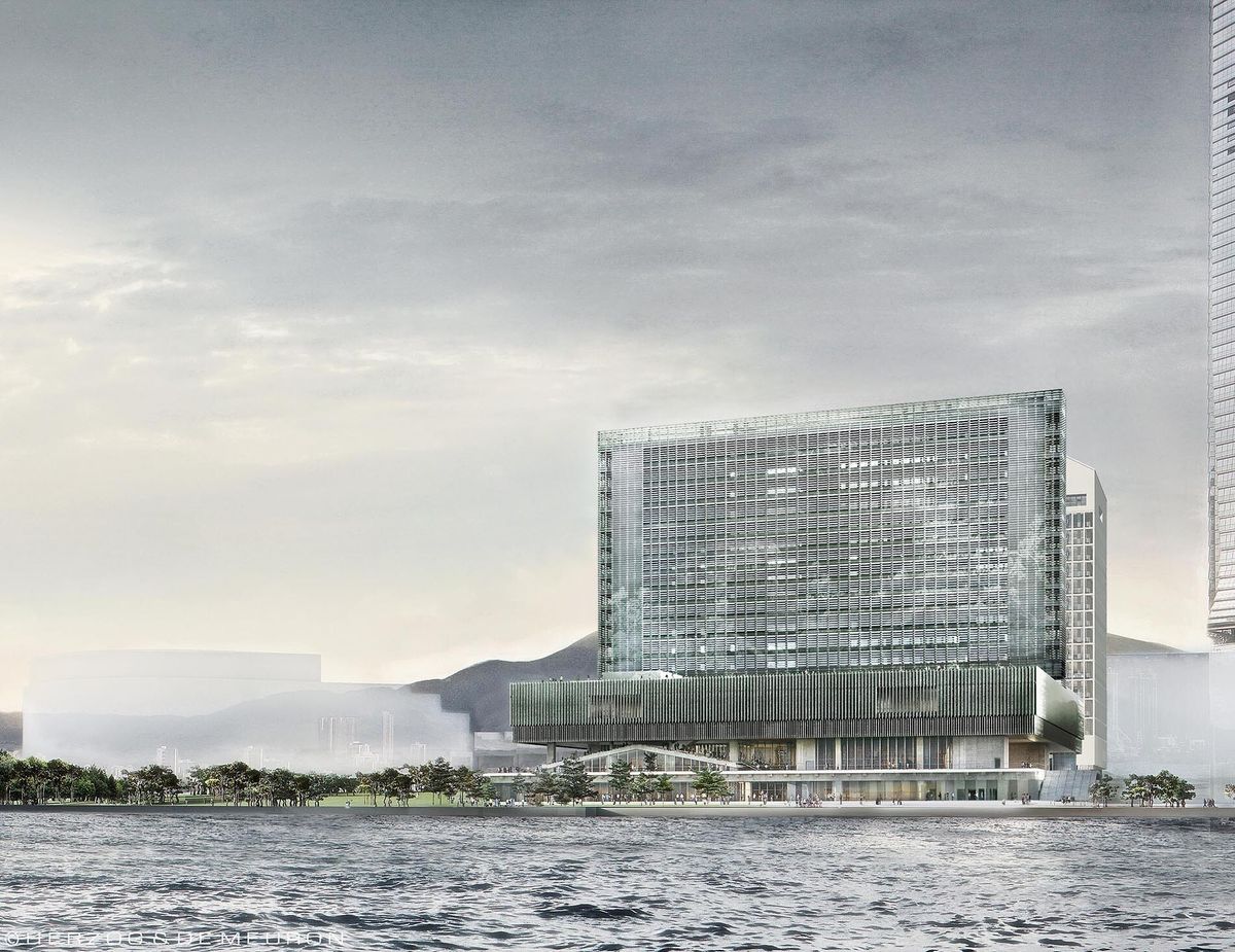 A rendering of the M+ museum of art and visual culture, now due to open in Hong Kong in autumn 2021 © Herzog & de Meuron