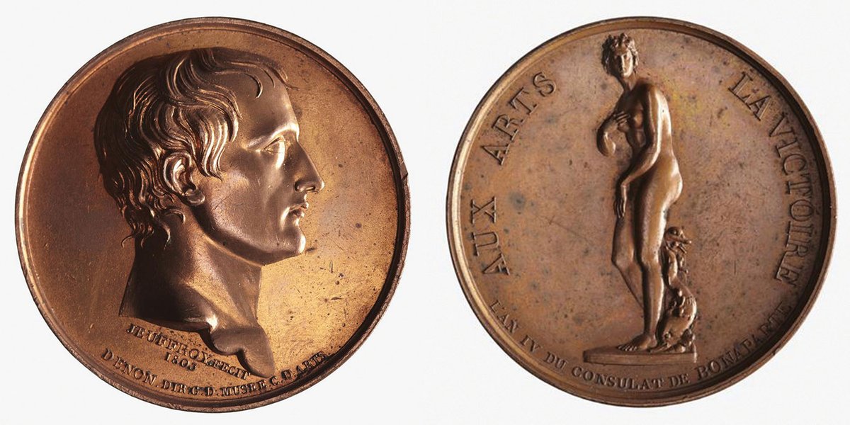 A medal of Napoleon Bonaparte, by Romain Jeuffroy, minted in Paris in 1803. The reverse, with the legend "La victoire aux armes", shows the fabled Medici Venus, part of the massive haul of art the victorious French ruler acquired from across Italy by a combination of military conquest, confiscation, diplomatic pressure and the Treaty of Tolentino with the Papal states of 1797 National Gallery of Victoria