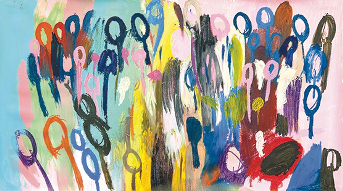 Works on display at the fair include a work of raining purples and blues by Billy Bolds (above), a drawing by Ronald Griggs and a mixed-media canvas by Christina Constantine
Courtesy of the artist and Center for Community Works