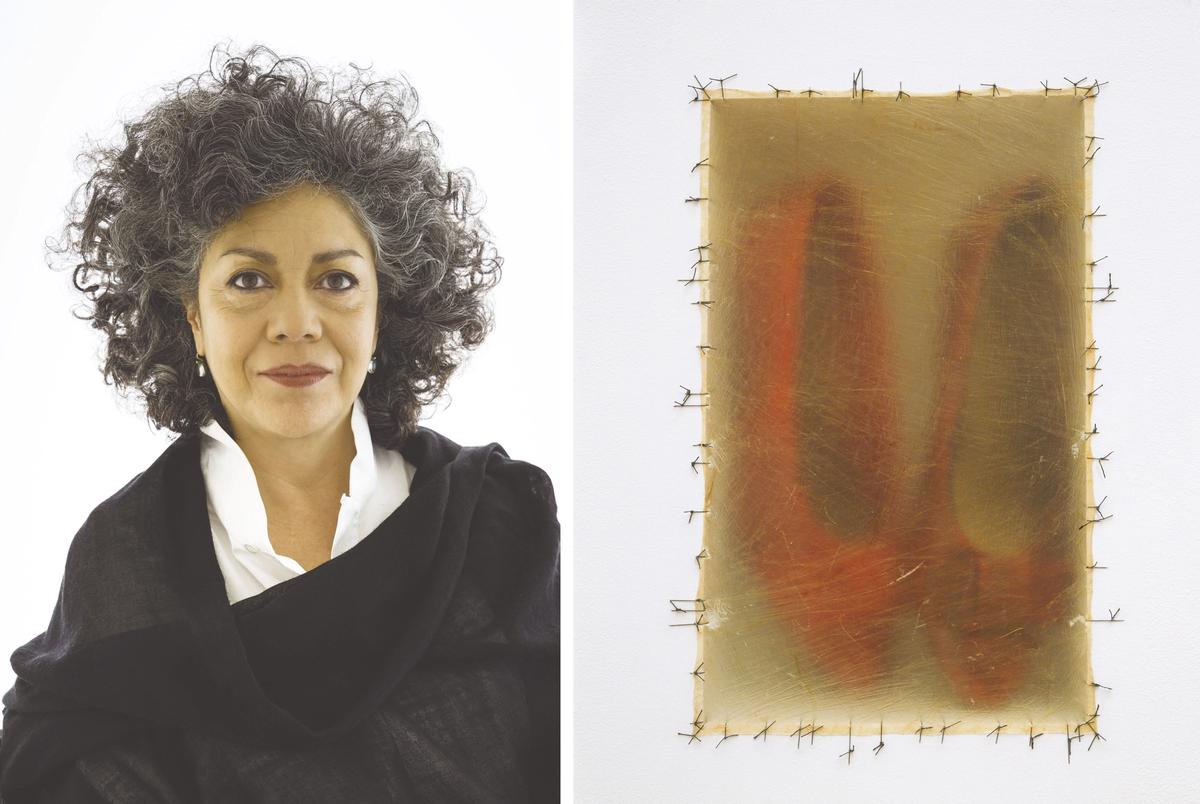Doris Salcedo and a detail of her work Atrabiliarios (1992–2003)
Salcedo: David Heald; © Solomon R. Guggenheim Foundation, New York. Atrabiliarios: San Francisco Museum of Modern Art © Doris Salcedo; photo: Ben Blackwell