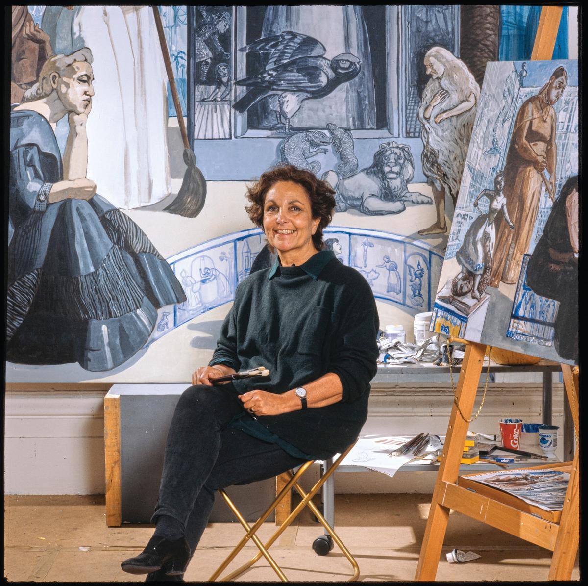 Paula Rego in her studio in 1990 with Crivelli's Garden Photo: The National Gallery, London, © Ostrich Arts
