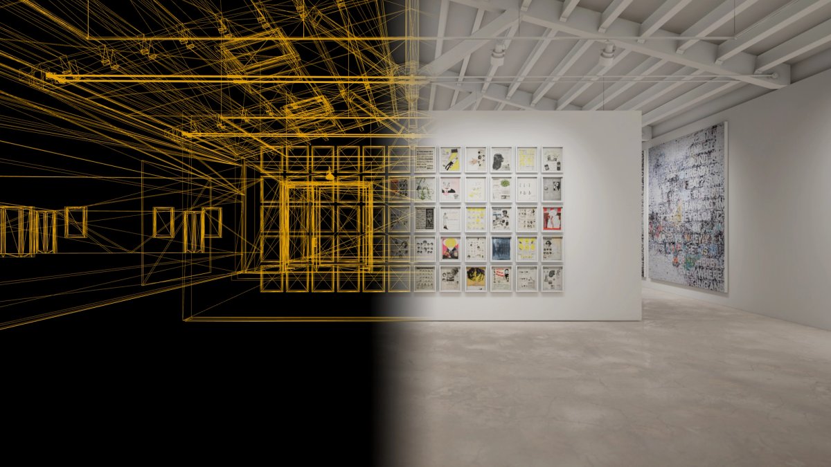 An in-software installation view of Ellen Gallagher’s ‘DeLuxe’, 2004 - 2005 and Mark Bradford’s ‘Chicago’, 2019 created in Hauser & Wirth's HWVR. © The artists. Courtesy of the artists and Hauser & Wirth