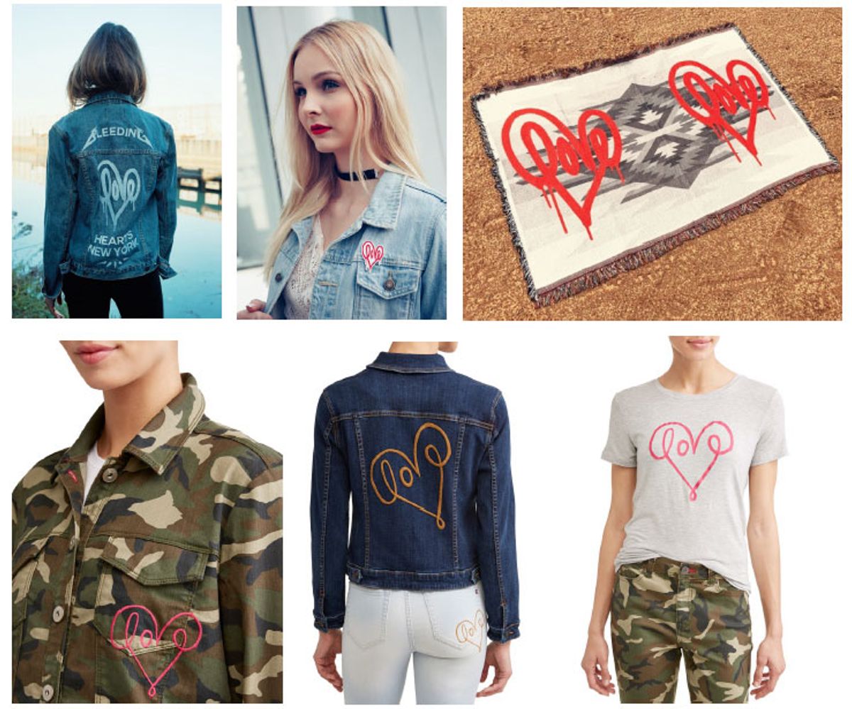 The artist's lawsuit compares clothing featuring Julian Rivera’s "love" design (top row) with products from the EV1 clothing line (bottom) 