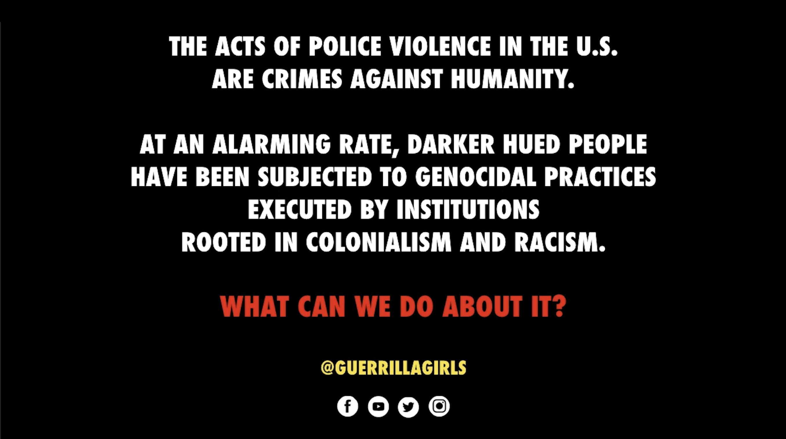 Guerrilla Girls respond to the Black Lives Matter movement in a new video to be released on Saturday 20 June as part of Art Night’s online series, Trailers 