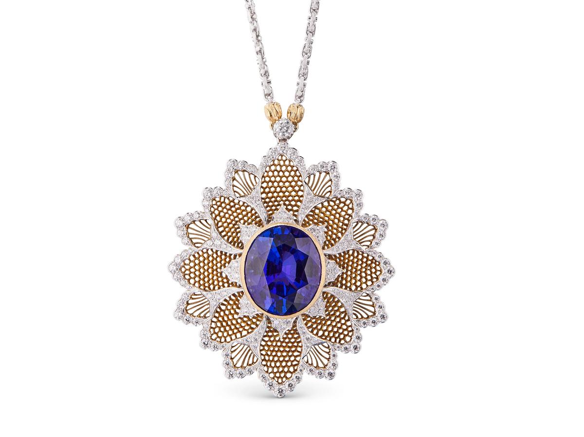 A Serenissima collection necklace in white and yellow gold, set with brilliant-cut diamonds; the centrepiece of the pendant is a tanzanite gemstone Courtesy of Buccellati