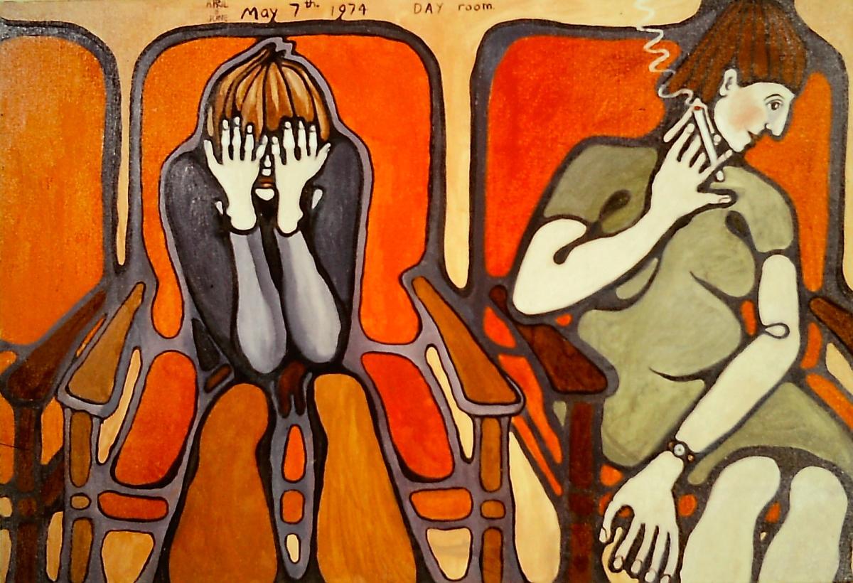 The show will feature works made during Charlotte Johnson Wahl's nine-month stay at London’s Maudsley Hospital in Camberwell in 1974
Day Room, oil on canvas, 1974. Credit The Estate of Charlotte Johnson Wahl