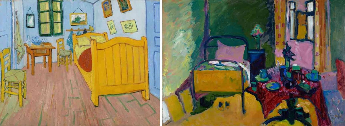Van Gogh’s The Bedroom (October 1888), the first version now in Amsterdam, and Wassily Kandinsky’s Bedroom (Schlafzimmer) (1909)
Van Gogh Museum, Amsterdam (Vincent van Gogh Foundation); Lenbachhaus, Munich