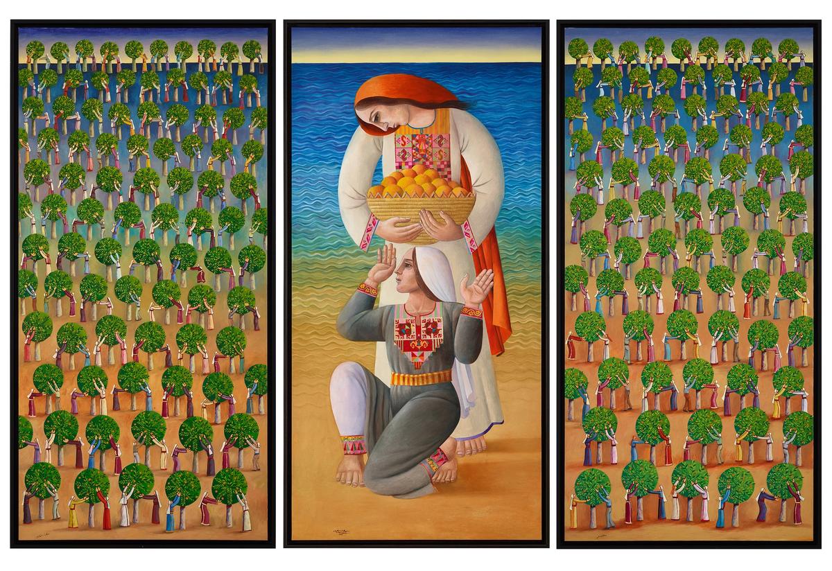 Untitled (2014) by Sliman Mansour, who often depicts traditional textiles in his paintings © the artist