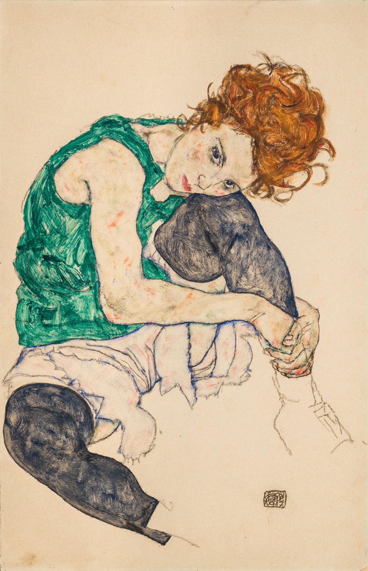 Egon Schiele's Seated Woman with Legs Drawn Up (Adele Herms) (1917) features in Caroline Campbell's The Power of Art