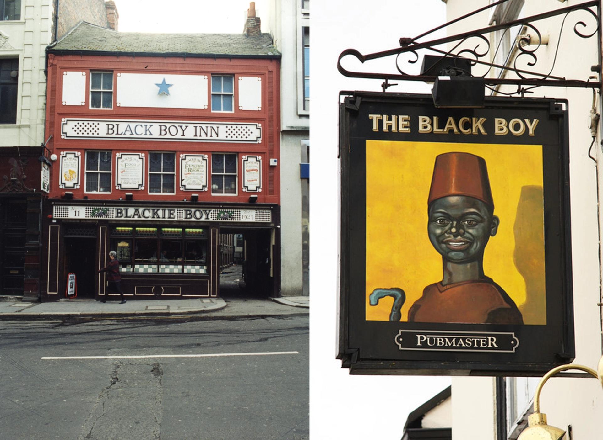 The kind of pub signs that the Guyanese-born British artist and photographer Ingrid Pollard researched for her project Seventeen of Sixty Eight (2018), exploring representation of the Black figure in British life Photo: courtesy of Newcastle Libraries (left); Richard Croft / The sign of The Black Boy / CC BY-SA 2.0 (right)