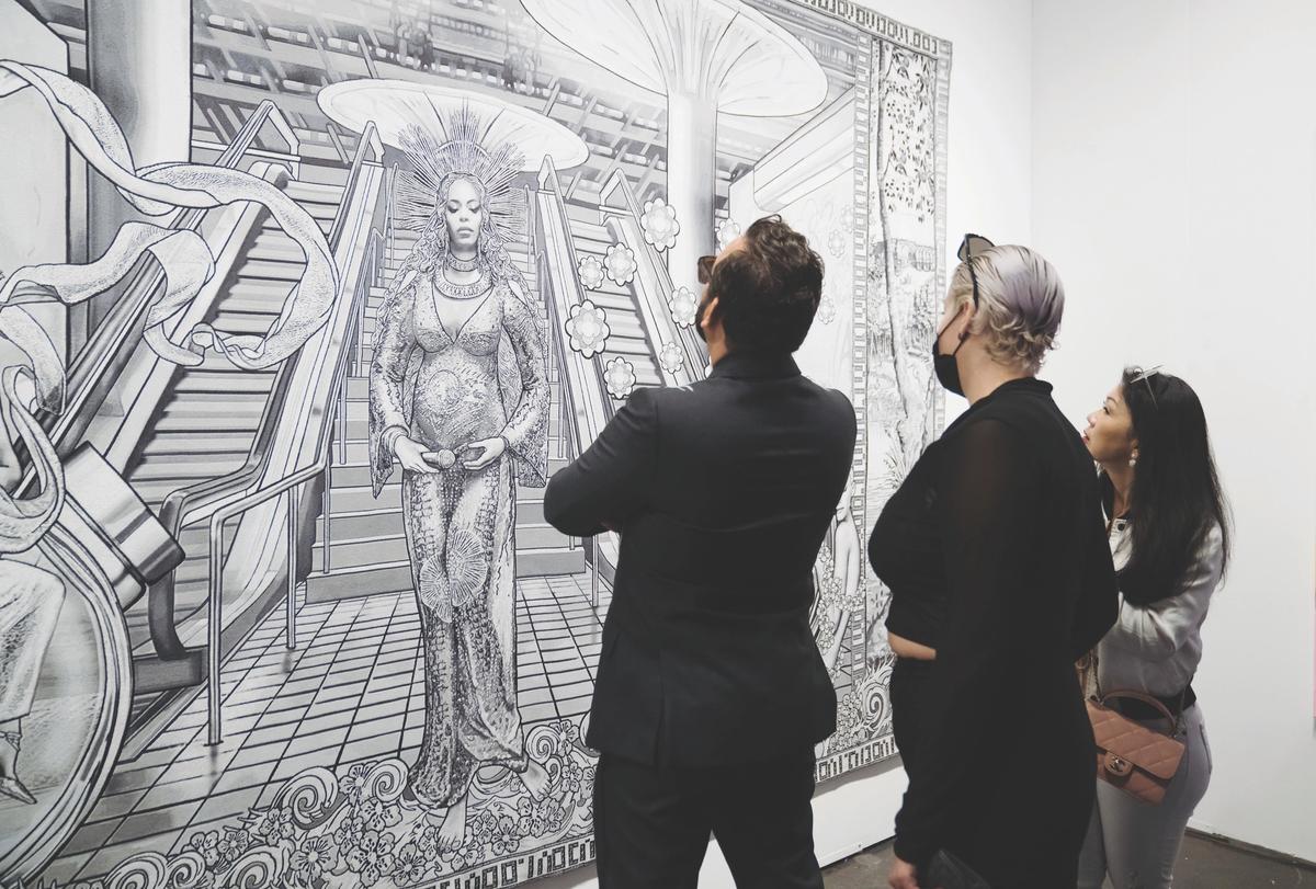 Beyoncé is cast as Botticelli’s Venus in a monochrome tapestry by artist Margaret Eicher at Galerie Michael Janssen
Photo: Eric Thayer