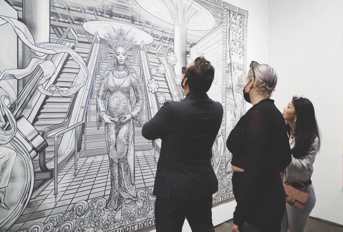 Beyoncé is cast as Botticelli’s Venus in a monochrome tapestry by artist Margaret Eicher at Galerie Michael Janssen
Photo: Eric Thayer