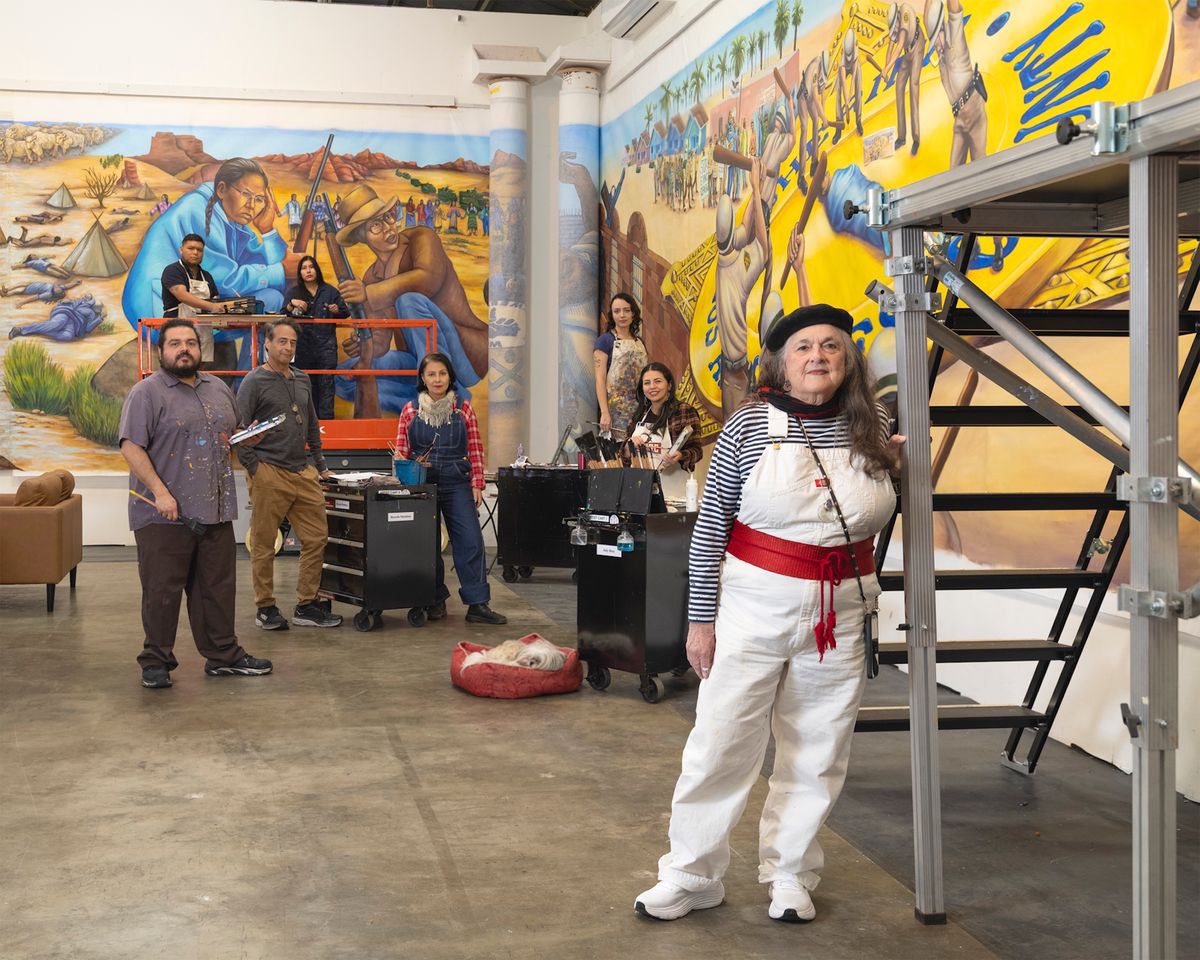 Judith F. Baca with the Social and Public Art Resource Center team working on the newest section of The Great Wall of Los Angeles Photo by Isa Moreno / SPARC. Courtesy of the artist, SPARC, and Jeffrey Deitch, Los Angeles and New York