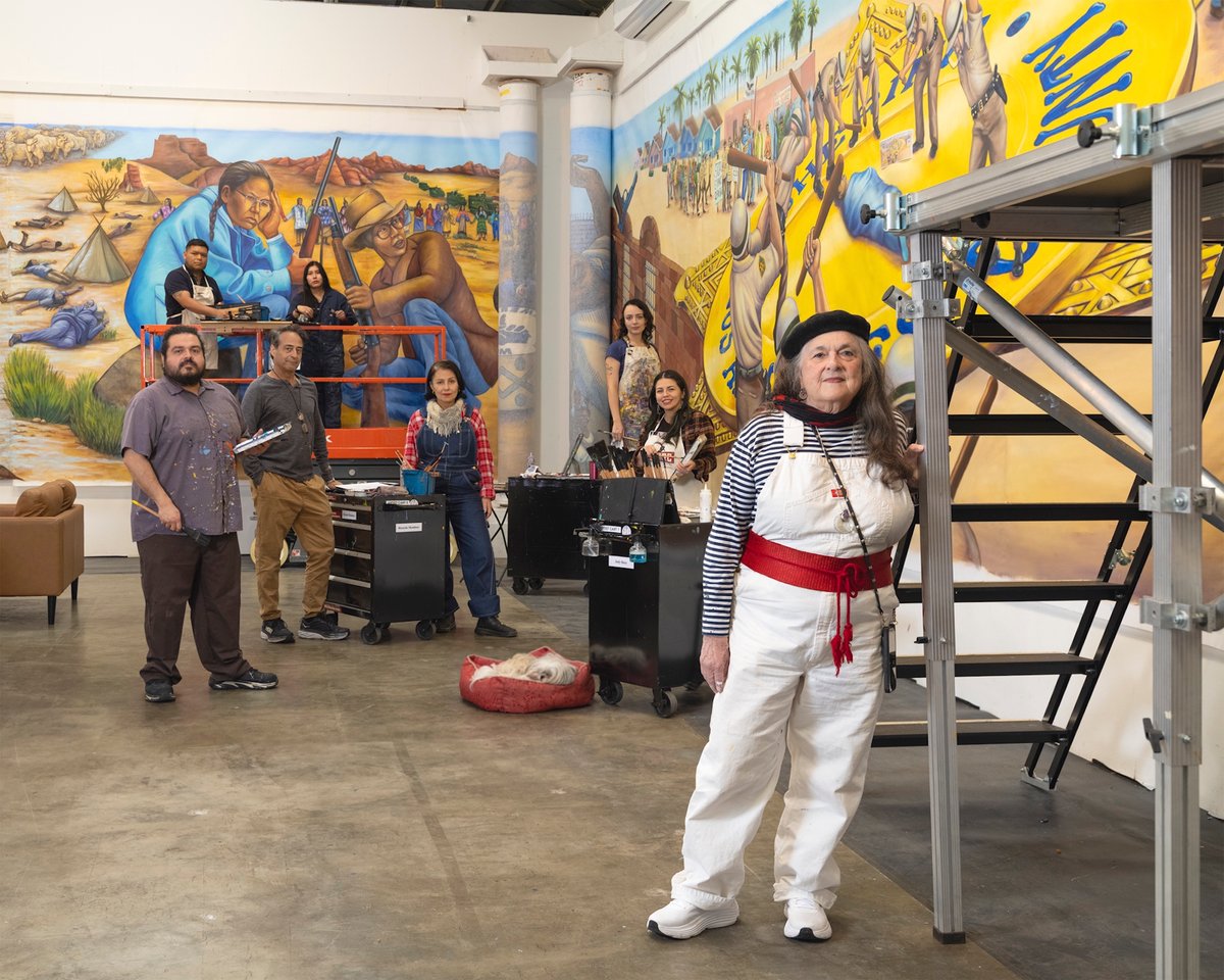 Judith F. Baca with the Social and Public Art Resource Center team working on the newest section of The Great Wall of Los Angeles Photo by Isa Moreno / SPARC. Courtesy of the artist, SPARC, and Jeffrey Deitch, Los Angeles and New York