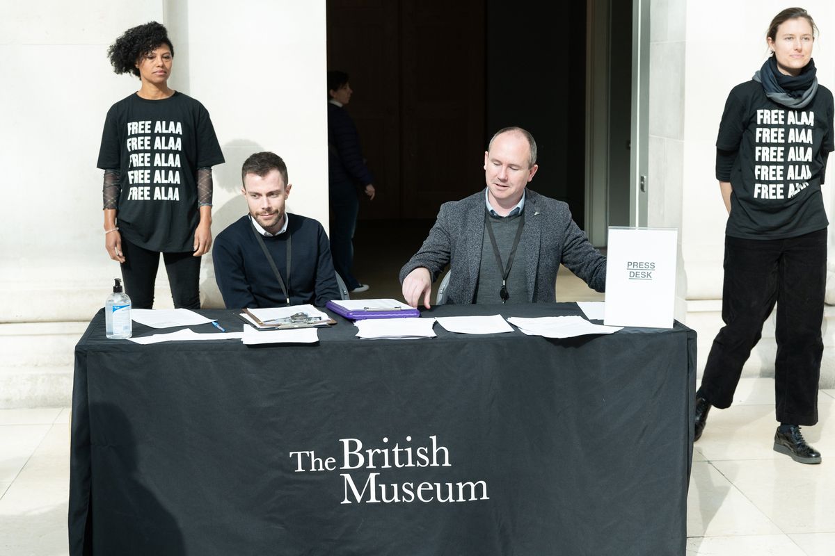 Supporters of the Free Alaa Campaign staging a reading and protest in solidarity with jailed British-Egyptian writer and activist Alaa Abd El-Fattah as the British Museum launches a major exhibition on Egyptian hieroglyphs © Copyright 2022 Ron Fassbender