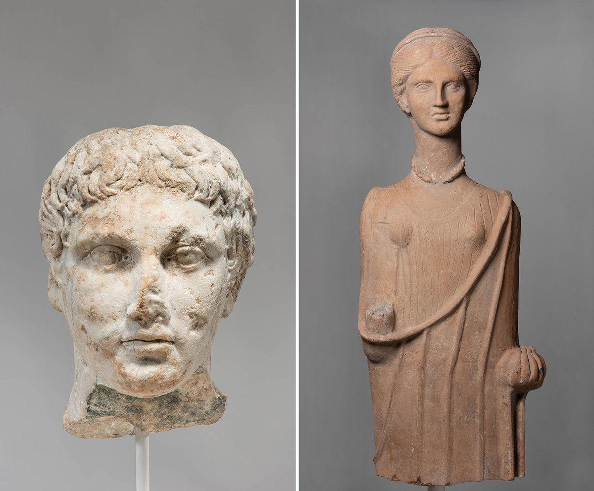 A marble head of Hermes from the 2nd century AD (left) has been returned to Italian authorities, while a terracotta and pigment sculpture of a woman from the 4th or 3rd century BC (right) remains on view at the San Antonio Museum of Art, on loan from the Ministry of Culture of Italy Courtesy Ministry of Culture of Italy and the San Antonio Museum of Art