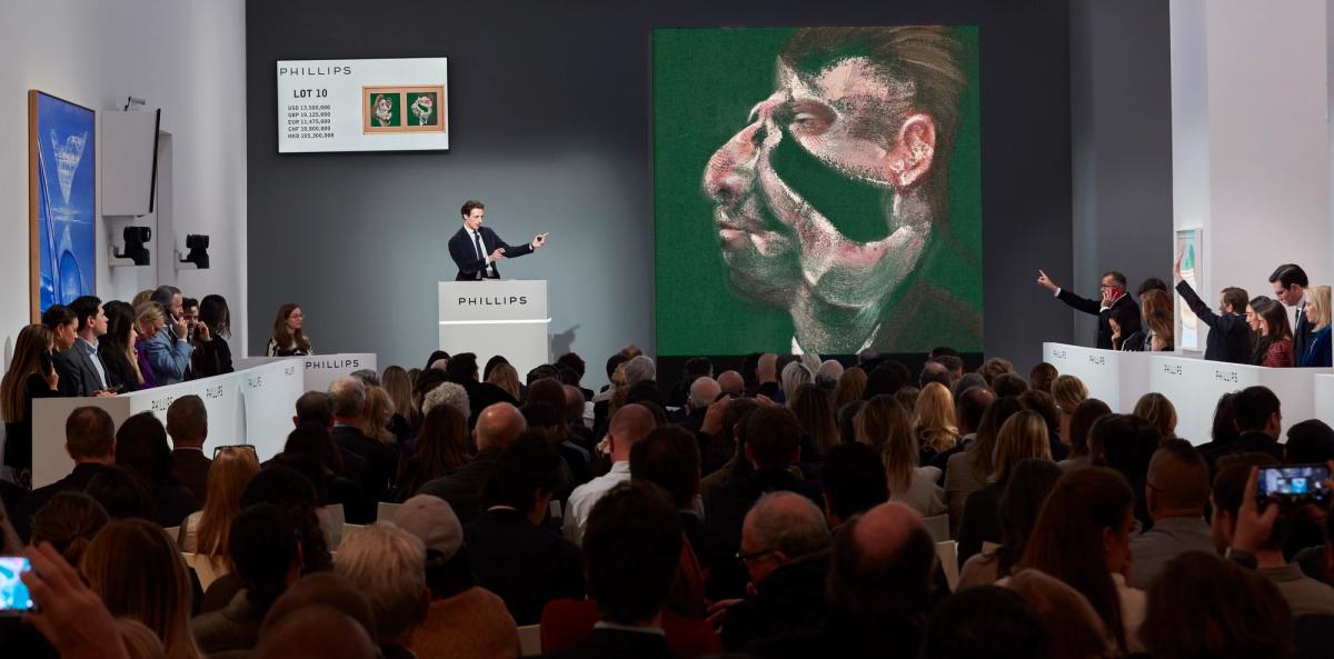 Phillips auctioneer and head of private sales Henry Highley sells Francis Bacon’s Study for Head of Isabel Rawsthorne and George Dyer (1967) for $13.5m ($16m with fees). Courtesy Phillips