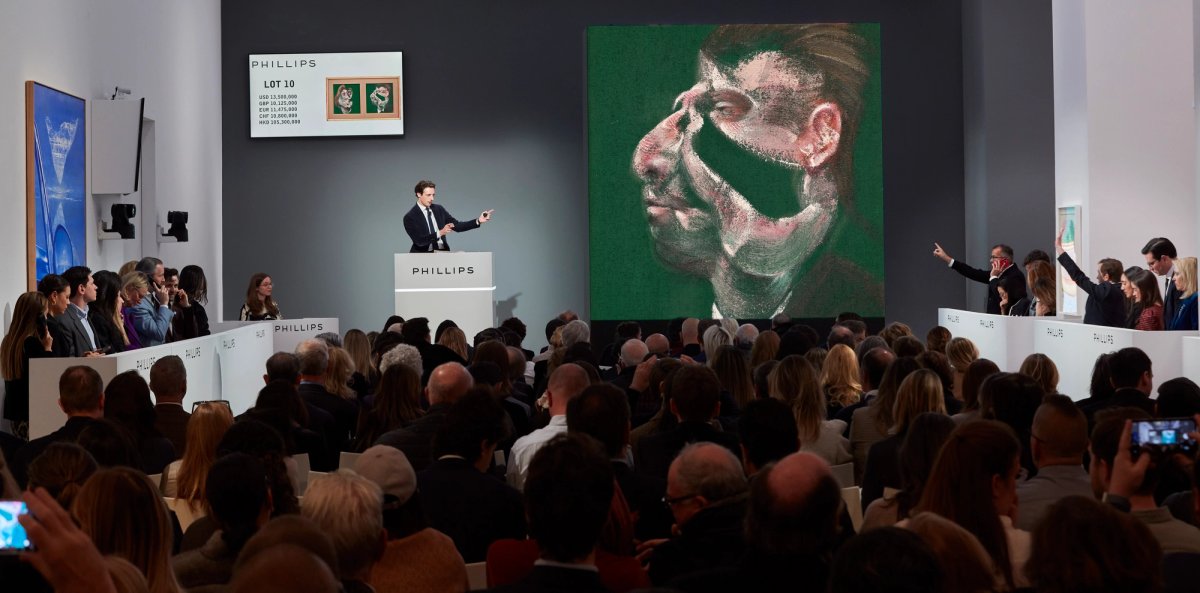 Phillips auctioneer and head of private sales Henry Highley sells Francis Bacon’s Study for Head of Isabel Rawsthorne and George Dyer (1967) for $13.5m ($16m with fees). Courtesy Phillips