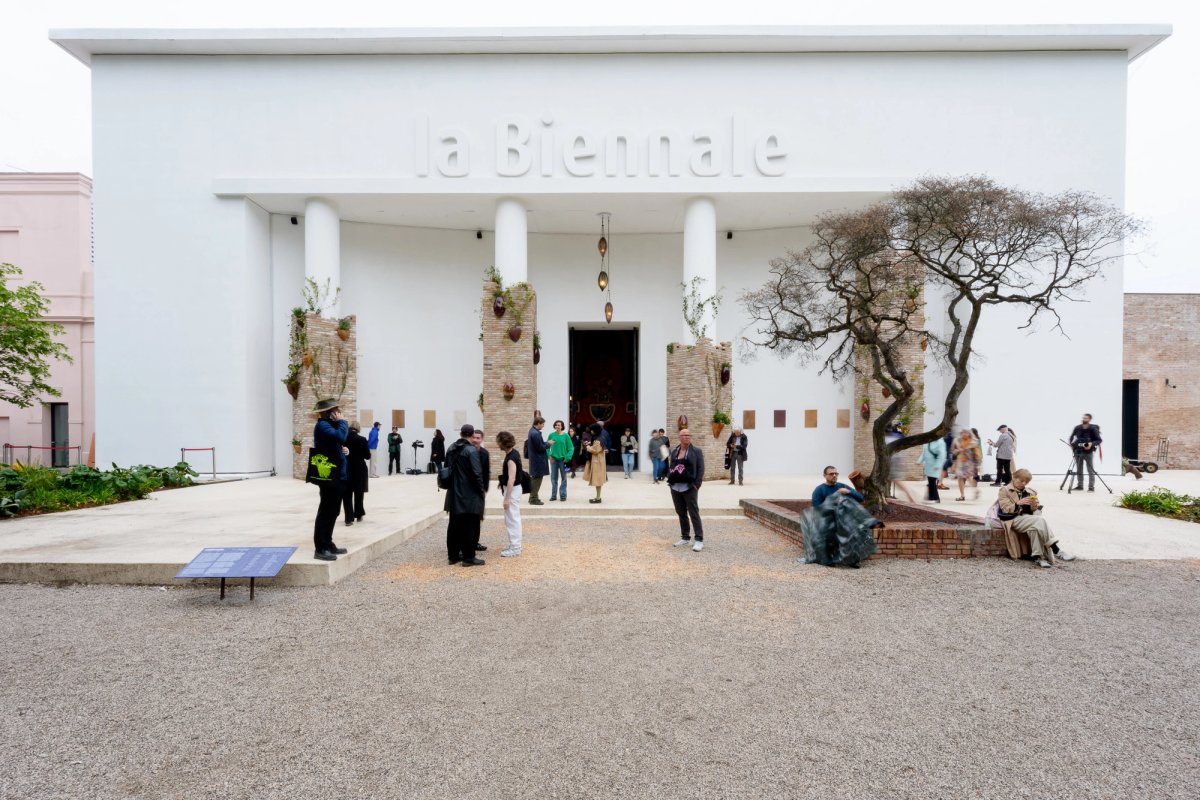 Otobong Nkanga's installation Soft Offerings to Silenced Voices and to All Who Have Turned to Dust (2026) at the entrance to the Central Pavilion Photo: Andrea Avezzù; Courtesy of La Biennale di Venezia