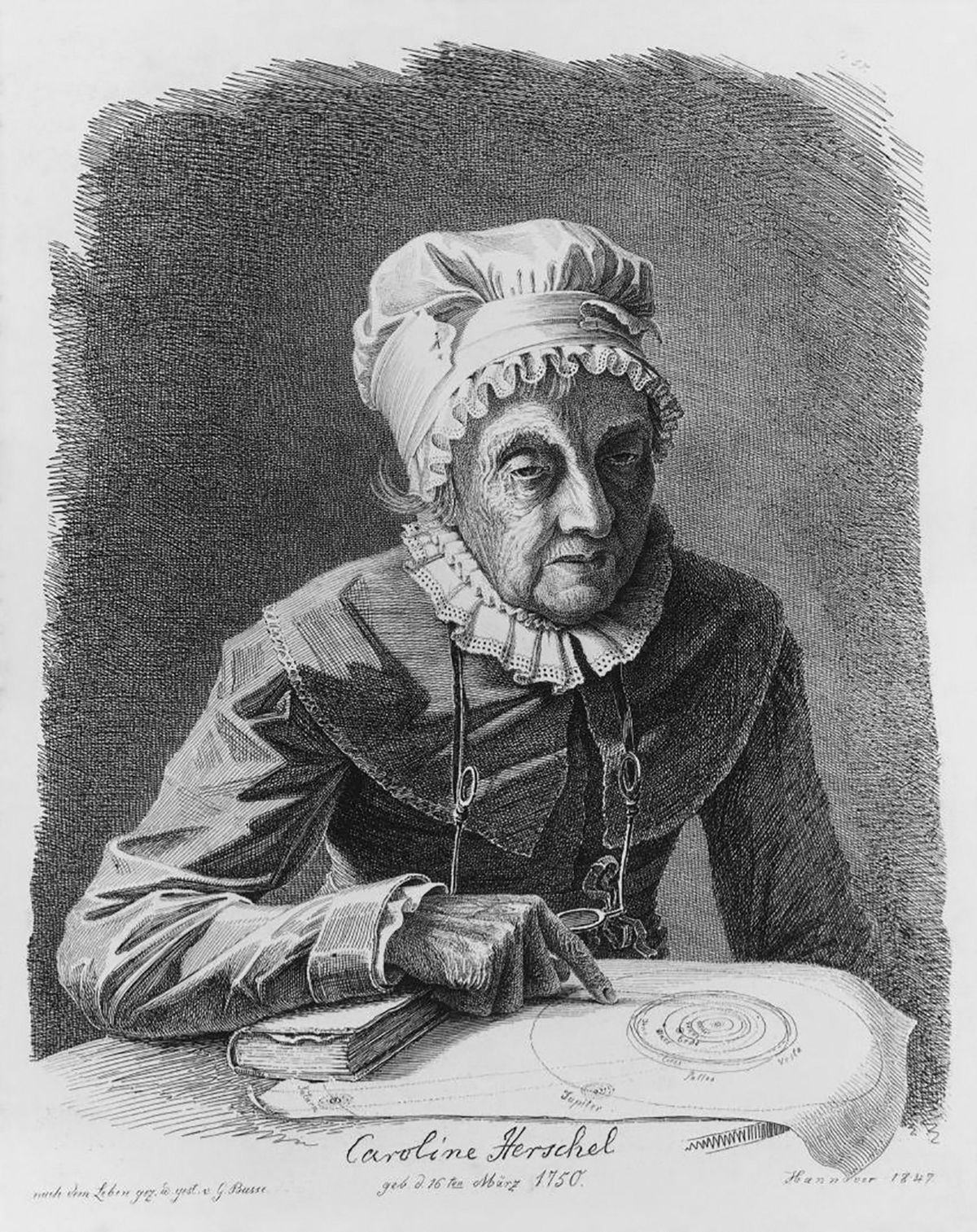 A late-life engraving of Caroline Herschel. Born to a family of musicians in Hanover, Germany, she moved to England in 1772 to assist her astronomer brother William Herschel. She lived a lonely existence under his control © Herschel Museum of Astronomy—Bath Preservation Trust