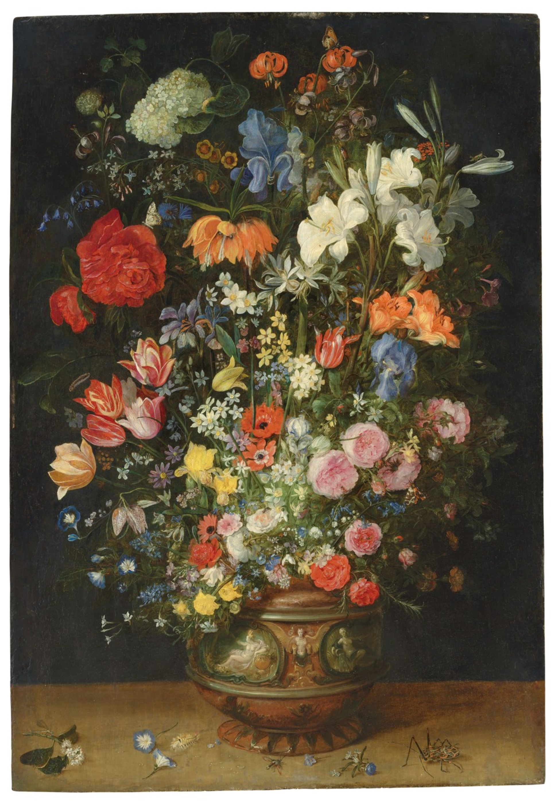 Jan Breughel the Elder's Lilies, tulips, roses and other flowers in an ornamental vase on a ledge, with butterflies and beetles (around 1620) Courtesy of Christie's