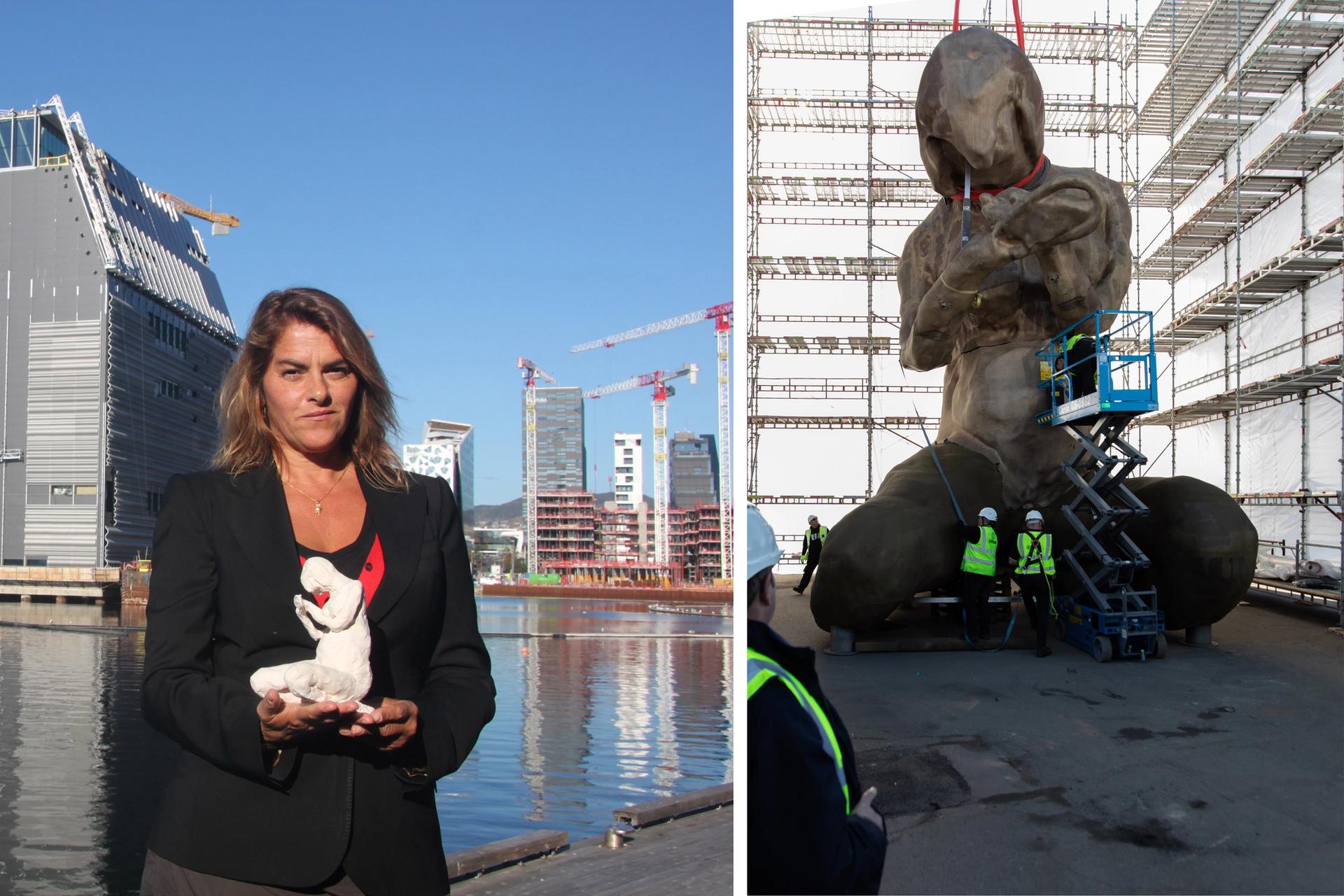 Left: Tracey Emin in front of the Munch Museum in Olso with a maquette of The Mother. Right: The pieces of The Mother being assembled in-situ Emin: Alv Gustavsen, Agency of cultural affairs, the City of Oslo; The Mother: Ingvild B. Myklebust, Agency of culture affairs, City of Oslo