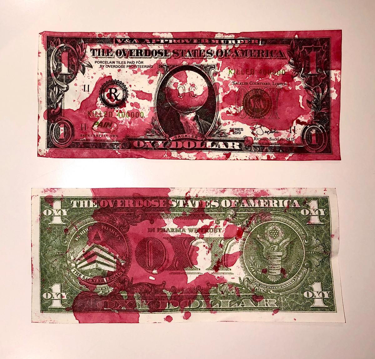 Nan Goldin and activists from the groups PAIN and Truth Pharm tossed blood-soaked dollar bills into the air at protests this year to represent the billions in profits that Purdue and the Sacklers have made from the sale of painkillers over the last two decades Courtesy of PAIN