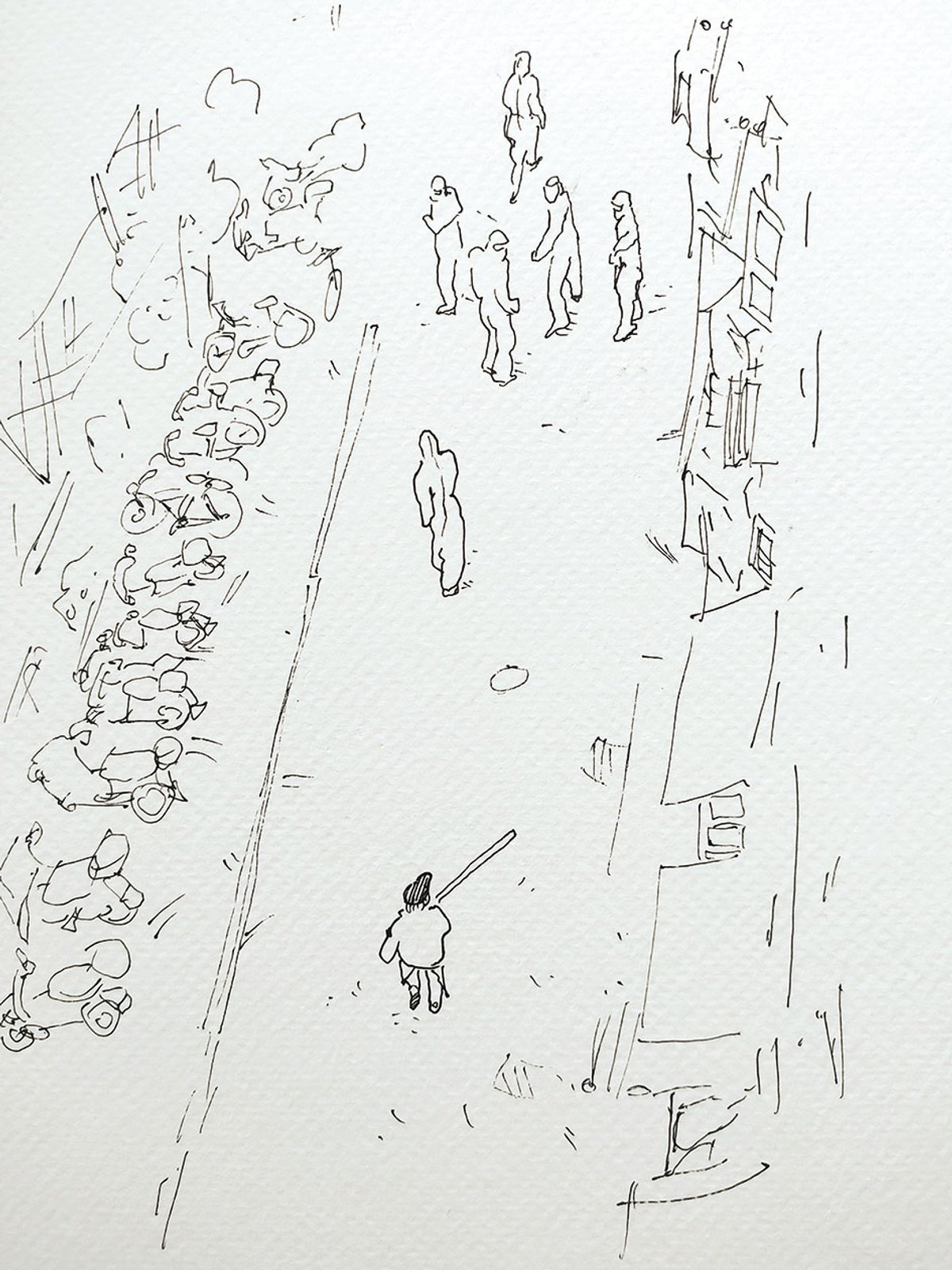 Gao Jie’s Old Lady (2022)—part of his series of drawings made during Shanghai’s lockdown—show the violence on the streets of the city at the hands of the authorities © Gao Jie