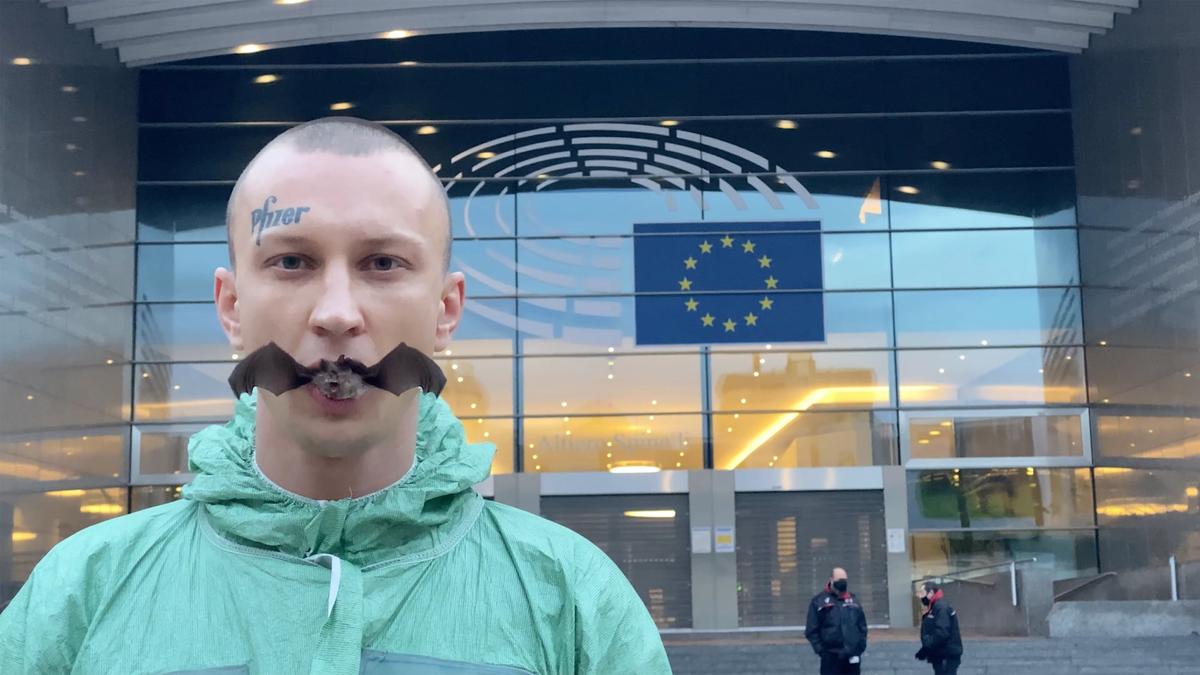 Petr Davydtchenko consumed a live bat outside the European Parliament building in Brussels last week © Petr Davydtchenko