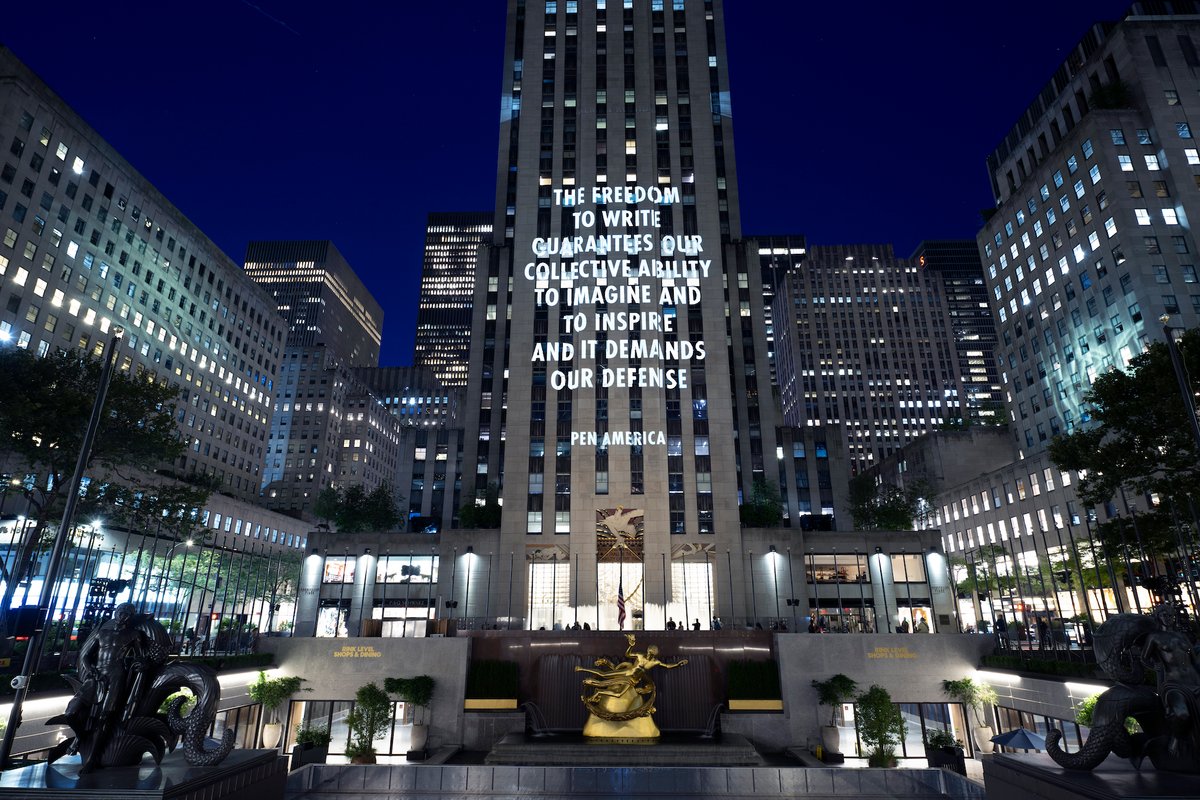 Jenny Holzer, SPEECH ITSELF, 2022. Light projection at Rockefeller Center, New York. Text: Freedom to Write Index, © 2021 by PEN America. Used with permission of PEN America. © 2022 Jenny Holzer, member Artists Rights Society (ARS), NY. Photo: Filip Wolak