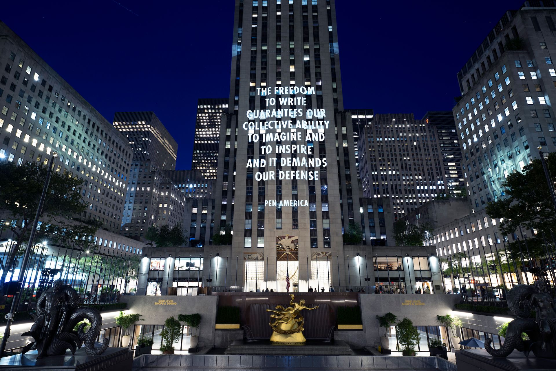 Jenny Holzer, SPEECH ITSELF, 2022. Light projection at Rockefeller Center, New York. Text: Freedom to Write Index, © 2021 by PEN America. Used with permission of PEN America. © 2022 Jenny Holzer, member Artists Rights Society (ARS), NY. Photo: Filip Wolak
