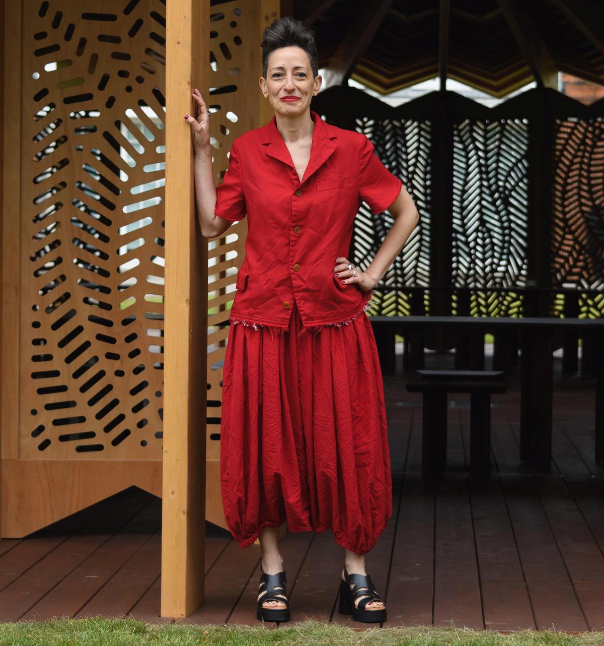 Lina Ghotmeh at À Table, her 2023 Serpentine pavilion, in London; the architect trained in Lebanon and Paris
Photo: Andrew Lalchan/Alamy Stock Photo