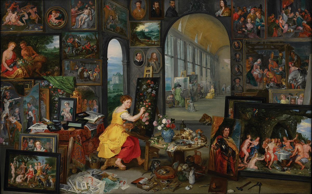 Jan Brueghel the Younger’s Allegory of Painting (around 1625-30) is central to the exhibition Brueghel: The Family Reunion in ’s-Hertogenbosch. The painting includes a portrait of Jan’s grandfather, Pieter Bruegel the Elder, next to that of Michelangelo, and one of his father, Jan Brueghel the Elder, beside that of Albrecht Dürer Photo: Peter Cox; JK Art Foundation.