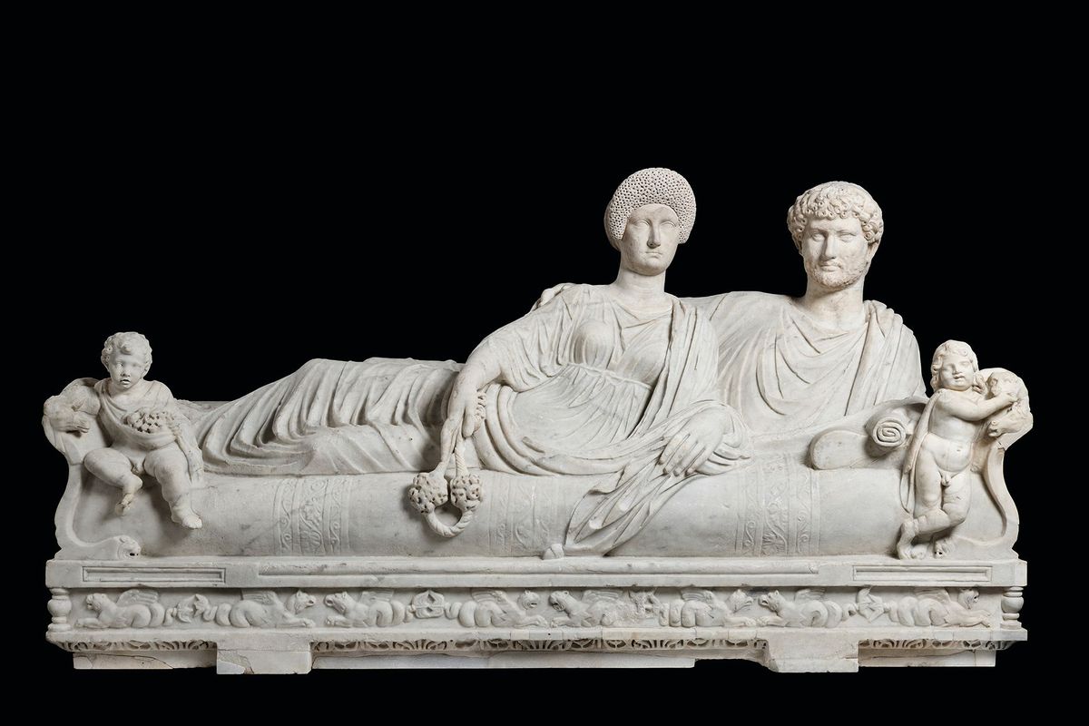 A sculpture of a reclining couple on the lid of a sarcophagus; these stone coffins are among the largest surviving Roman marble works, and will form part of Myth and Marble: Ancient Roman Sculpture from the Torlonia Collection at the Art Institute of Chicago

Photo: Lorenzo De Masi, © Torlonia Foundation