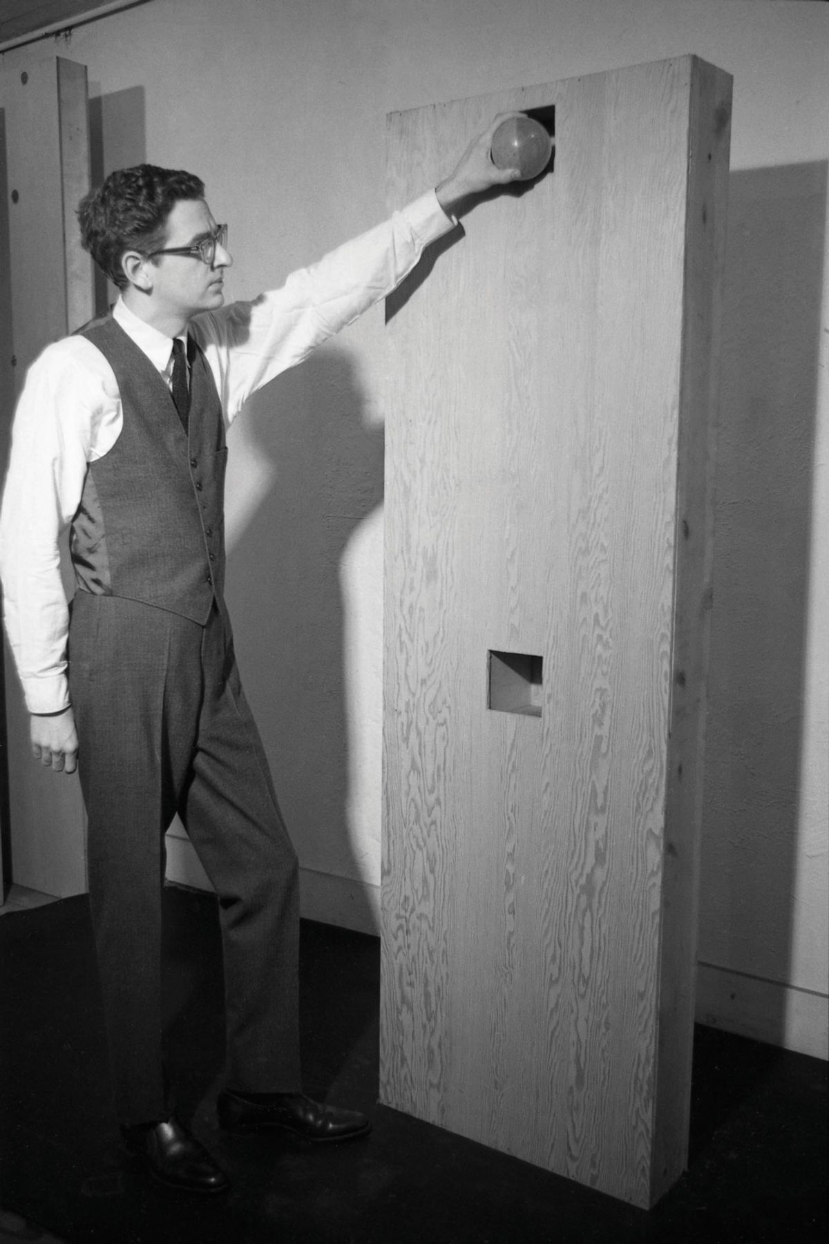 Walter De Maria pictured with Ball Drop (1961) in his Bond Street studio, New York. Courtesy the Estate of Walter De Maria.