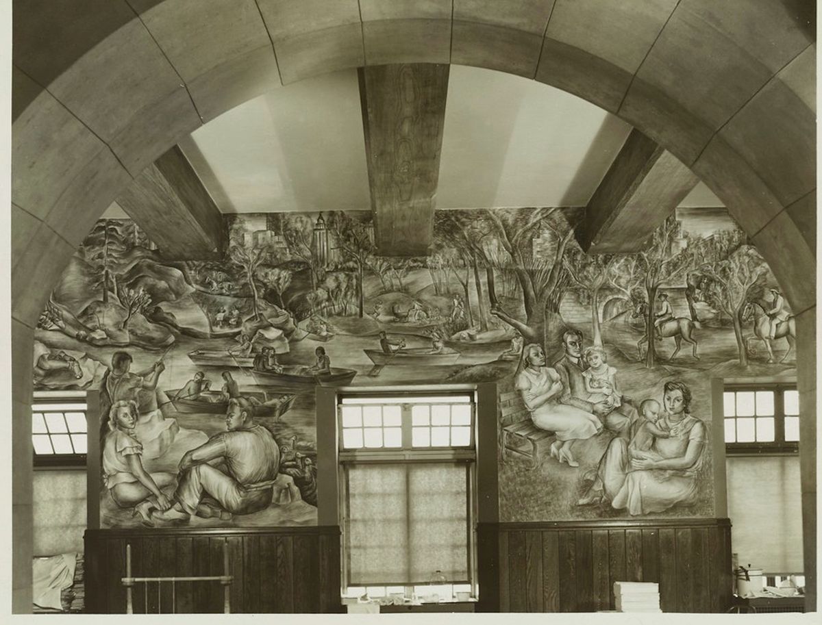 Detail of Recreational Grounds of New York City by Ryah Ludins in the men’s recreation room in the psychiatric building of Bellevue Hospital, photographed by Horvath for the WPA/FAP Photographic Division on 7 March 1939 Courtesy the Public Design Commission of the City of New York