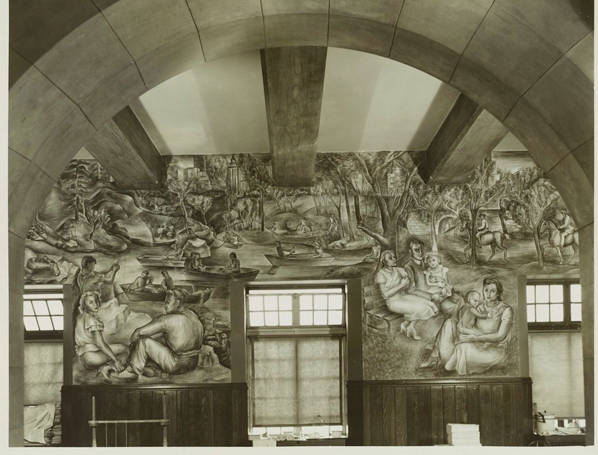Detail of Recreational Grounds of New York City by Ryah Ludins in the men’s recreation room in the psychiatric building of Bellevue Hospital, photographed by Horvath for the WPA/FAP Photographic Division on 7 March 1939 Courtesy the Public Design Commission of the City of New York