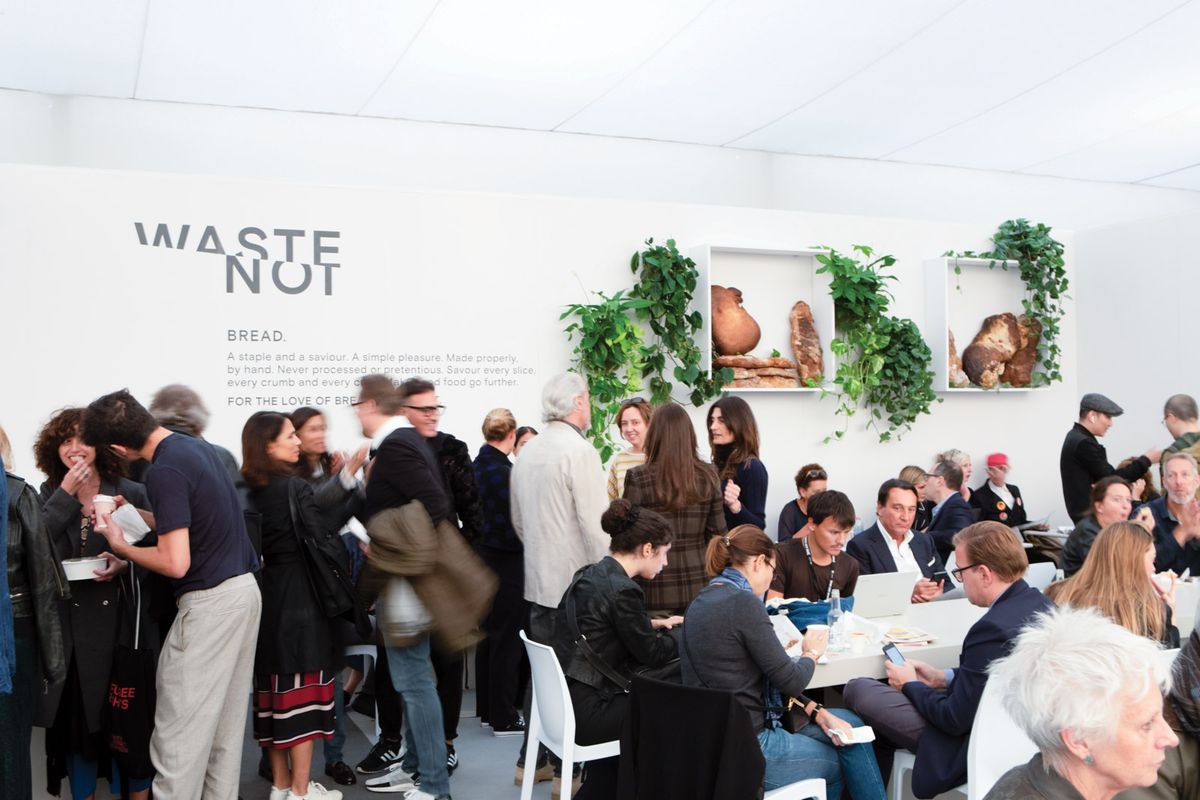 The food chain Gails, a Frieze London stalwart eatery, is advertising its campaign called "waste not", making bread from leftover loaves, at this year's fair © David Owens