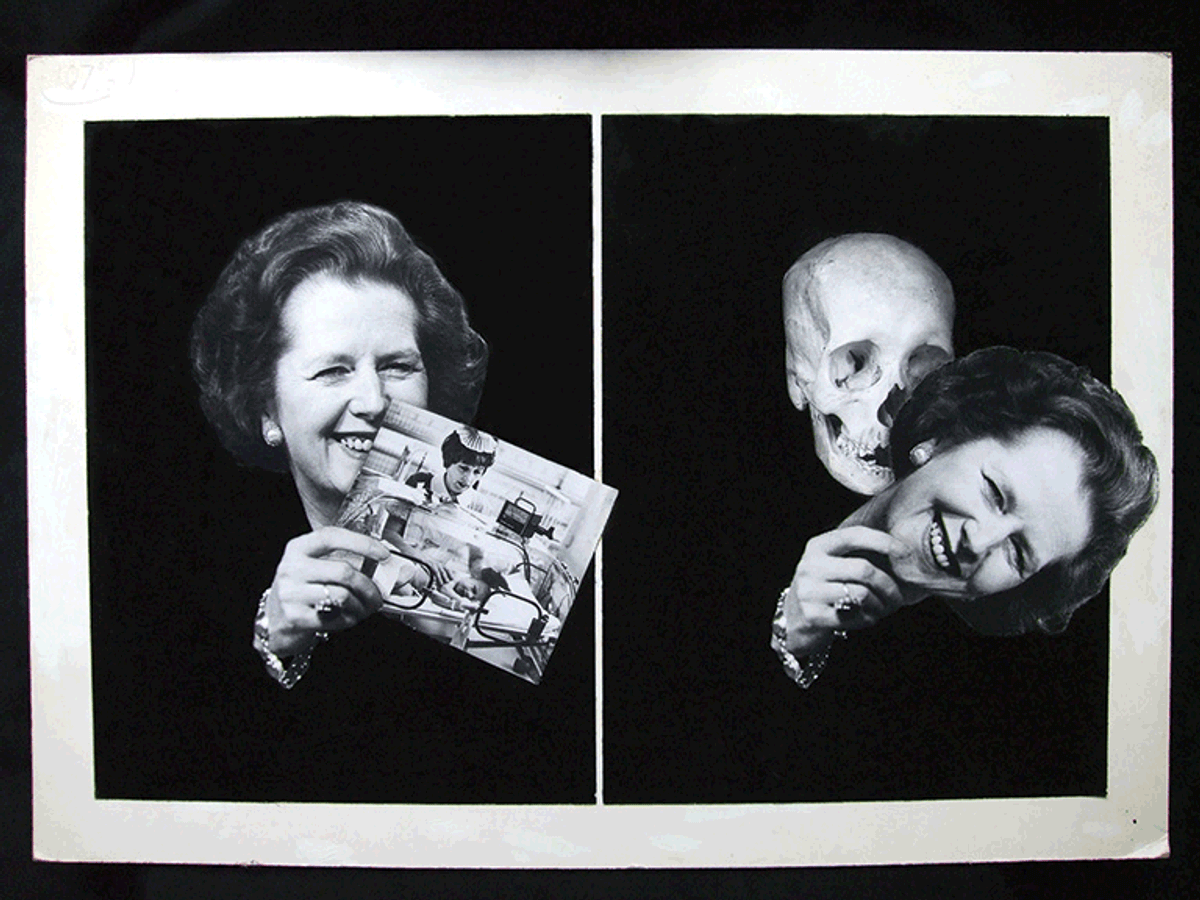 Peter Kennard’s photomontage, Thatcher Unmasked (1986); he embraced the technique in the late 1960s
Courtesy the artist
