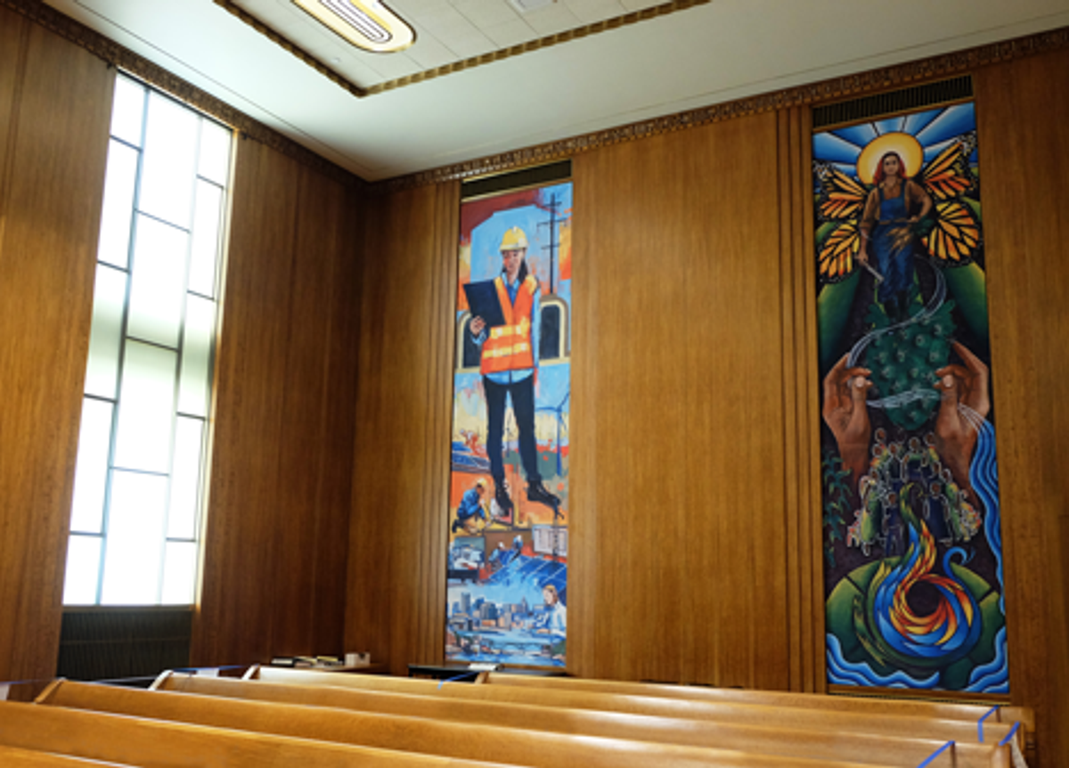 West side view of the murals in St. Paul's city council chambers. Courtesy of Ramsey County