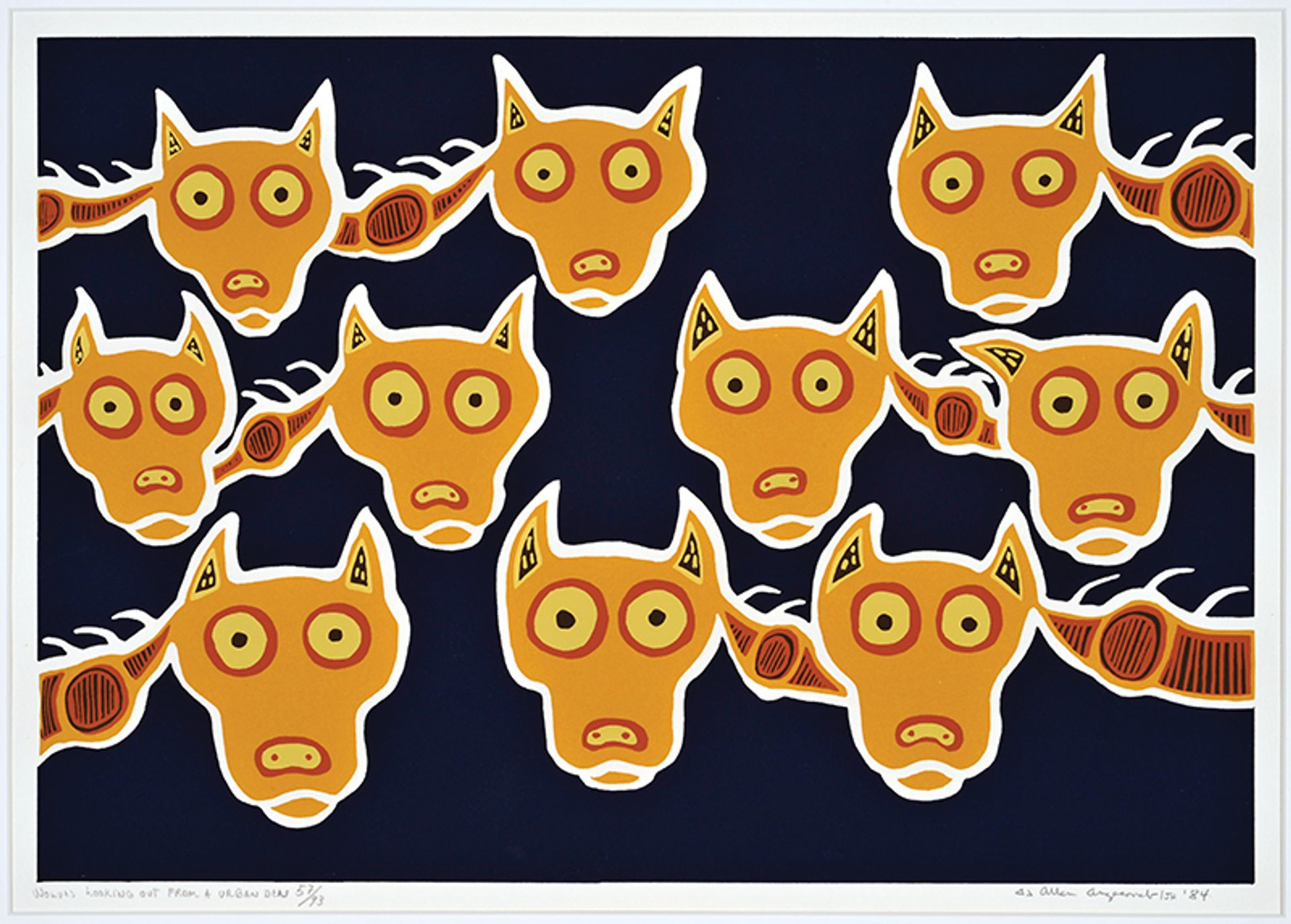 The Anishinaabe/Ojibway artist Allen (Ahmoo) Angeconeb’s silkscreen on paper work Wolves Looking Out of Den (1984) Collection of the MacKenzie Art Gallery, gift of Thomas Druyan and Alice Ladner, the Kampelmacher Memorial Collection of Indigenous Art