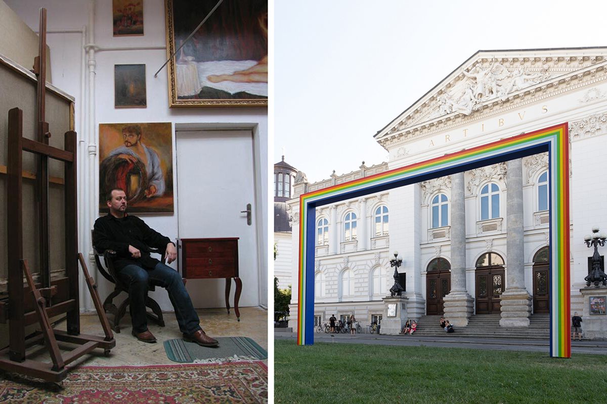 Janusz Janowski in his studio and Zacheta National Gallery of Art in Warsaw showing Marek Sobczyk's Simple Rainbow (1991/2019) Photo by Anna Zagrodzka