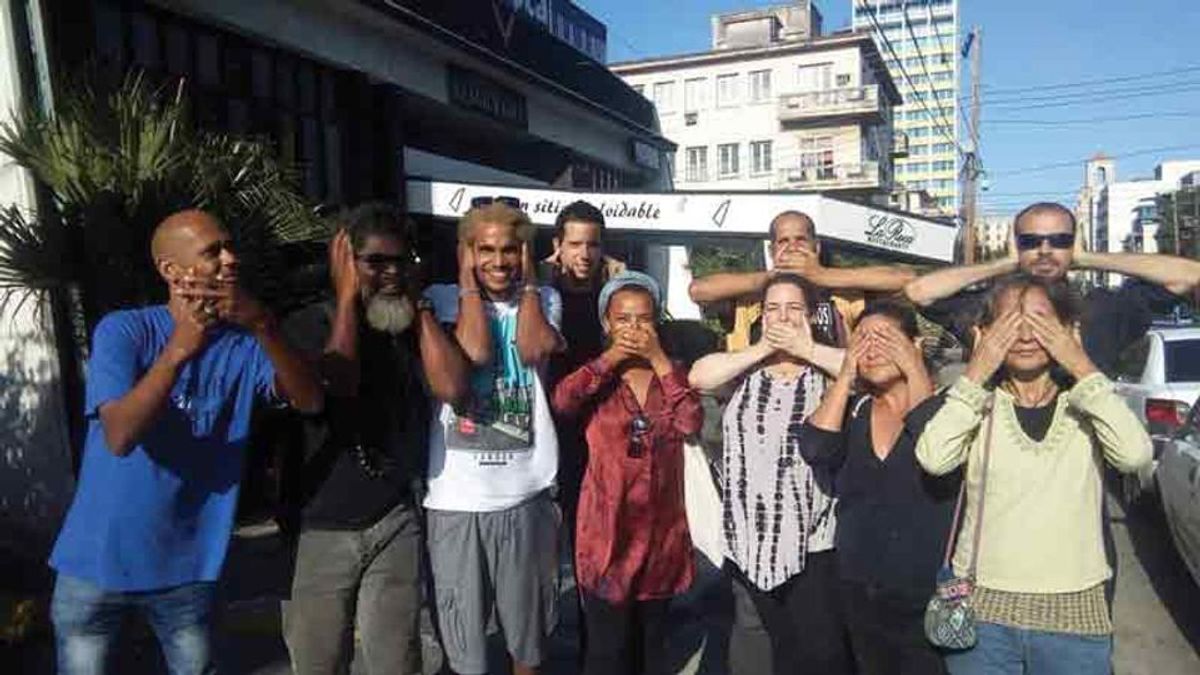 Tania Bruguera and other Cuban artists celebrating their release from jail last December Tania Bruguera