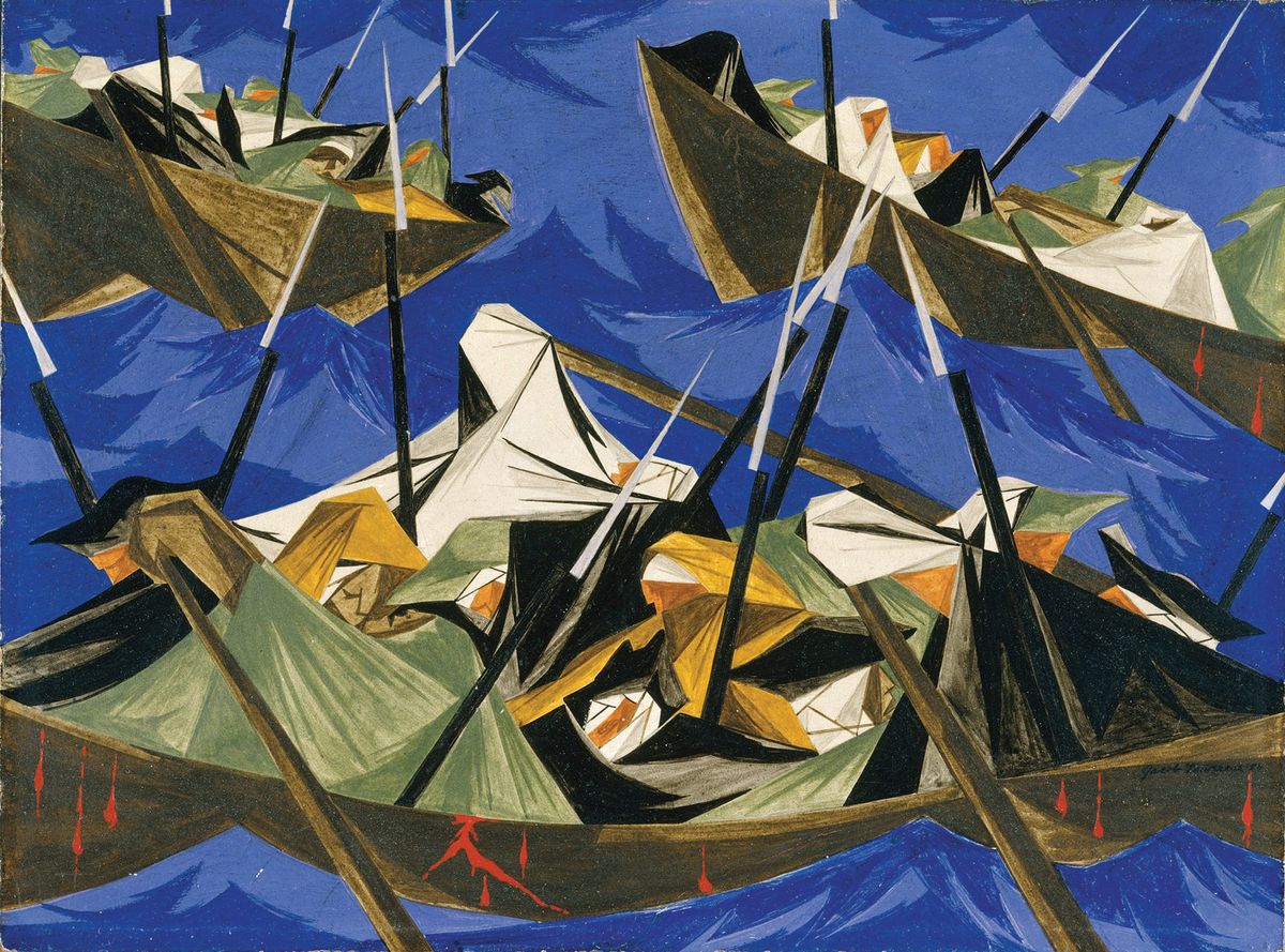 Jacob Lawrence’s Panel 10. We crossed the River at McKonkey’s… (1955), from the Struggles series, were painted using egg tempera Metropolitan Museum of Art © The Jacob and Gwendolyn Lawrence Foundation, Seattle/ARS, New York