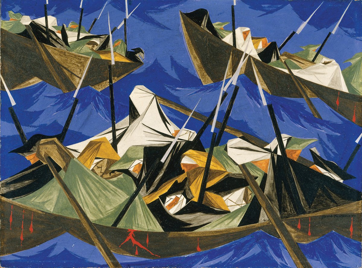 Jacob Lawrence’s Panel 10. We crossed the River at McKonkey’s… (1955), from the Struggles series, were painted using egg tempera Metropolitan Museum of Art © The Jacob and Gwendolyn Lawrence Foundation, Seattle/ARS, New York