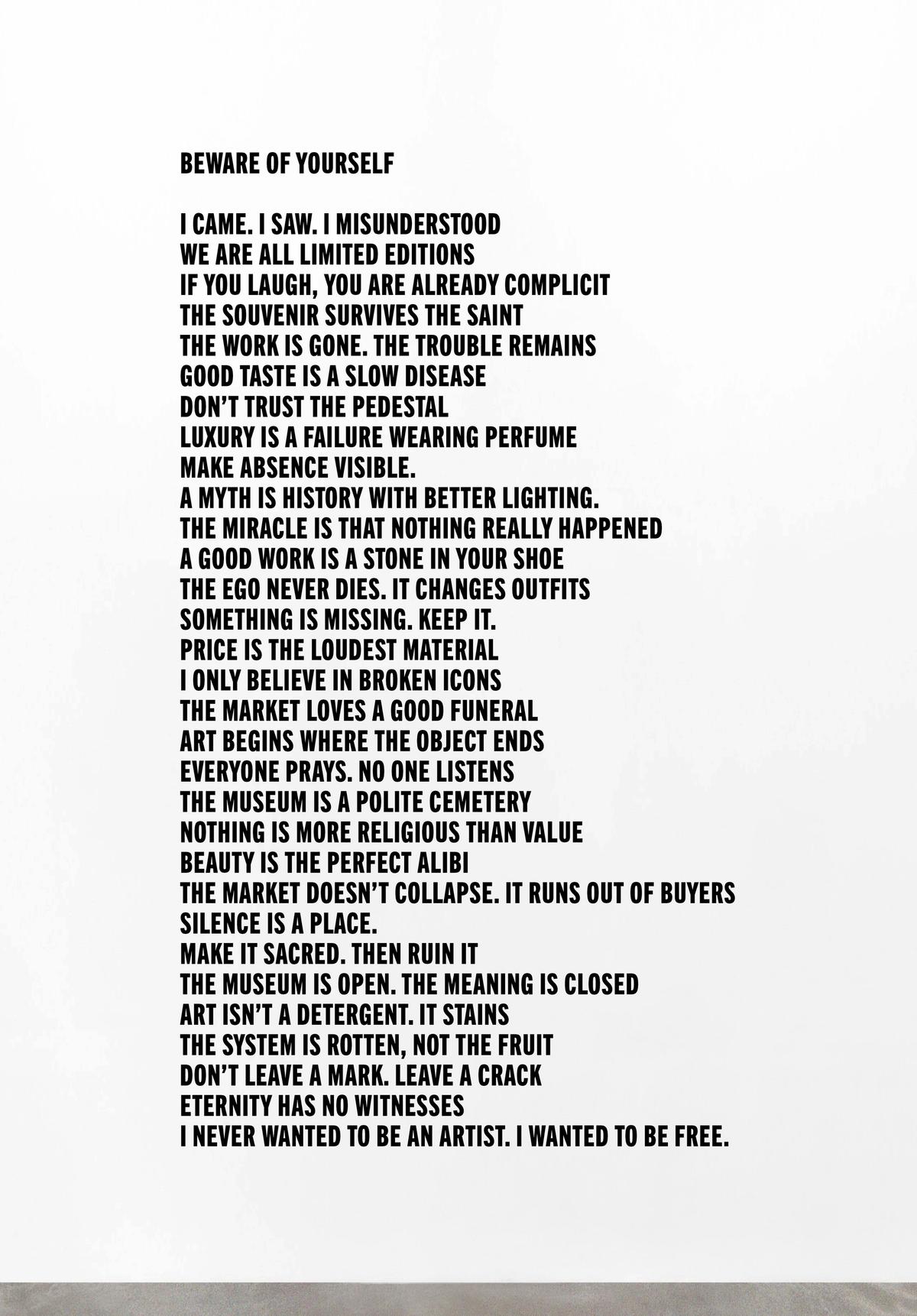 At Basel Social Club the Paris-based publisher Three Star Books presents five works by Cattelan, including BEWARE OF YOURSELF © Sebastiano Pellion di Persano