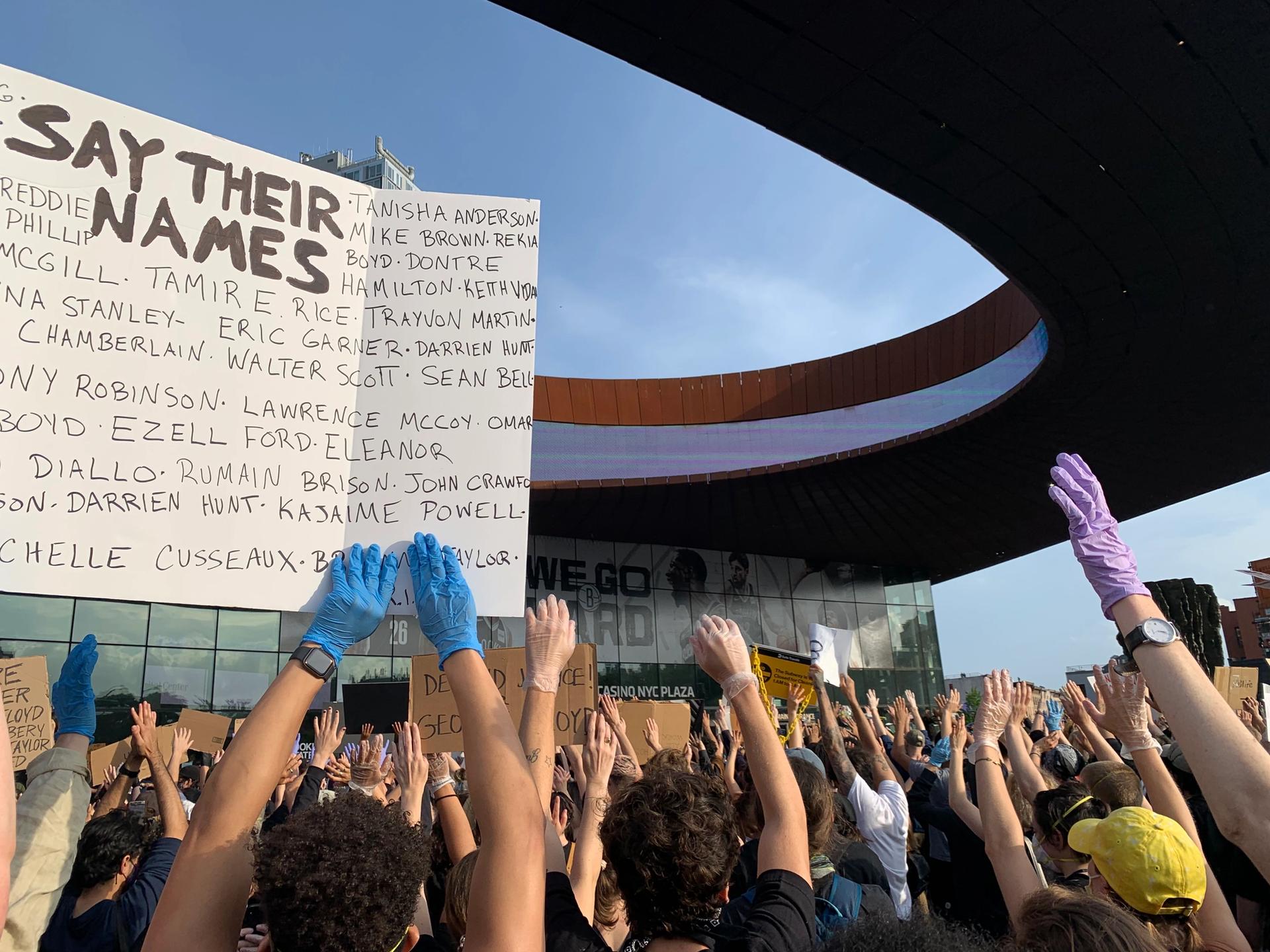 Protesters gather at Barclays Center in Brooklyn on 29 May. Margaret Carrigan