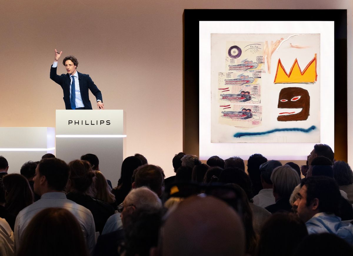 Henry Highley takes bids on the top lot of Phillips's evening sale of Modern and contemporary art in New York on 13 May Photo courtesy Phillips